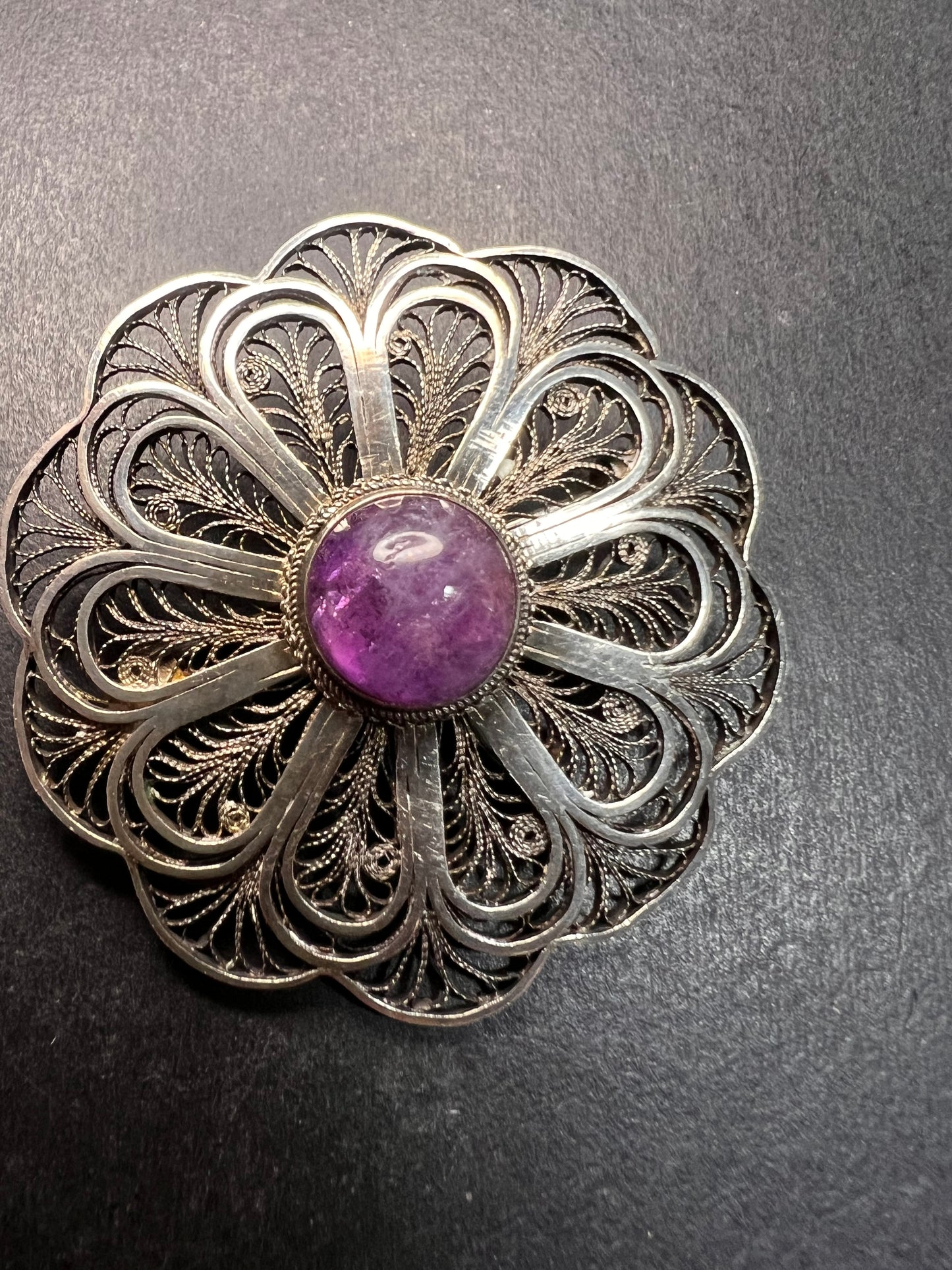 Vintage filigree amethyst sterling silver brooch made in Jerusalem