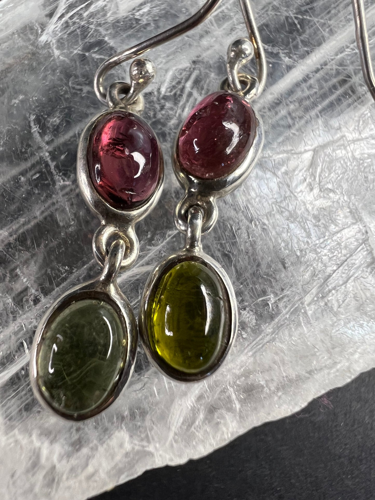 Vintage Sterling Silver Pink & Green Tourmaline Dangle Earrings Nature Company
