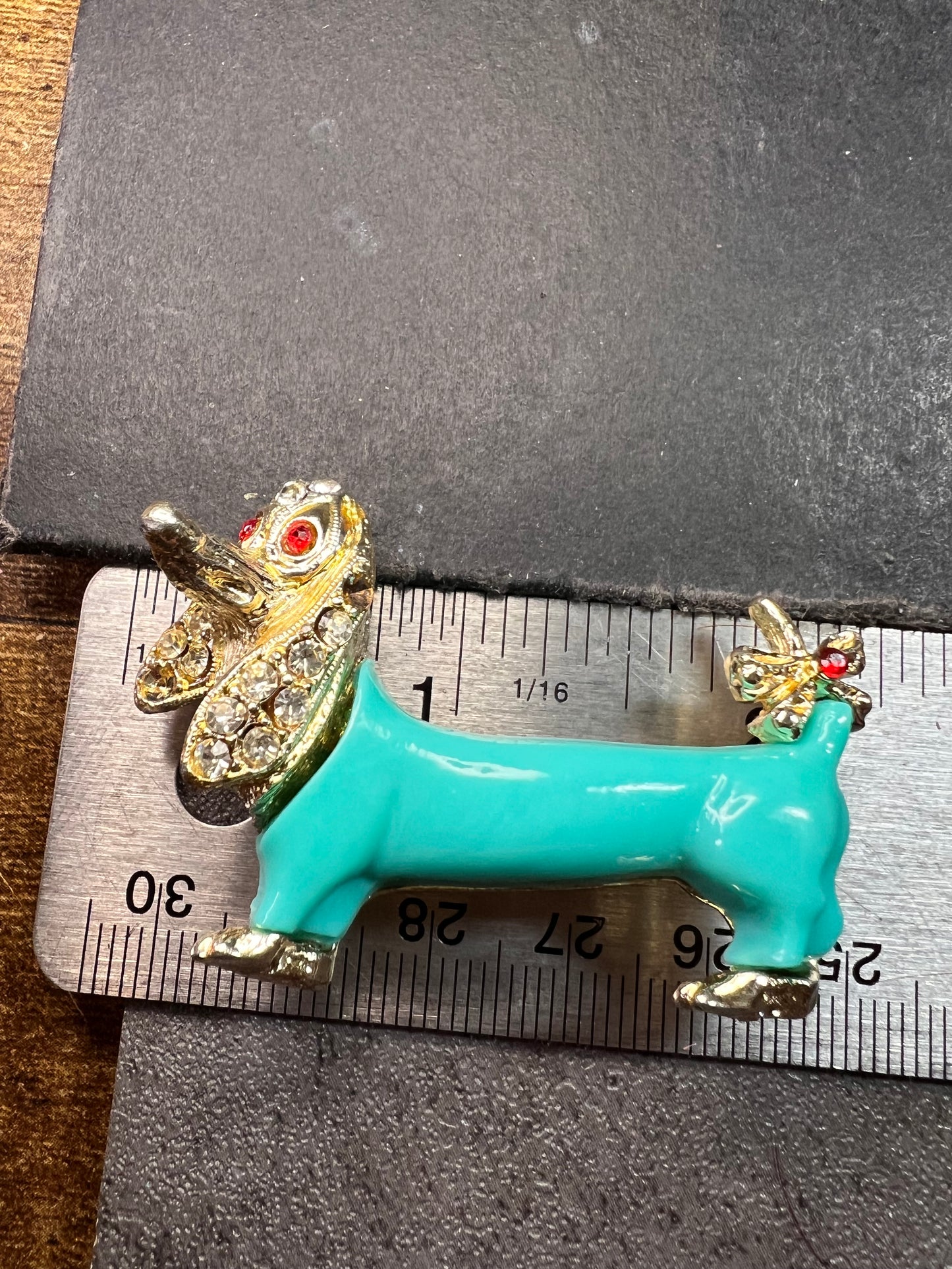 Vintage Gold Tone Dachshund Brooch Turquoise Lucite Rhinestones