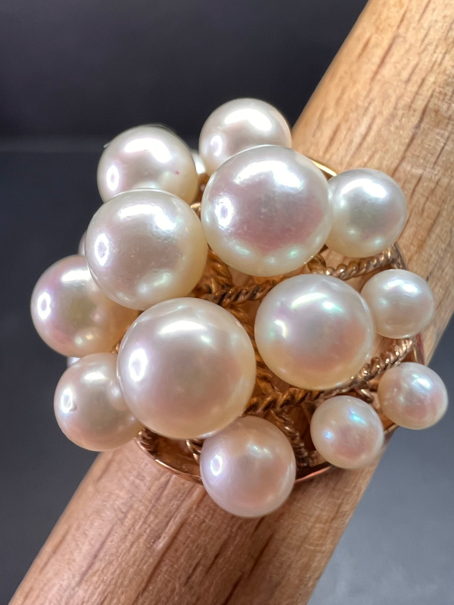 Vintage 14K Gold Cluster Pearl Cocktail Ring – Mid Century Dome Design- size 6