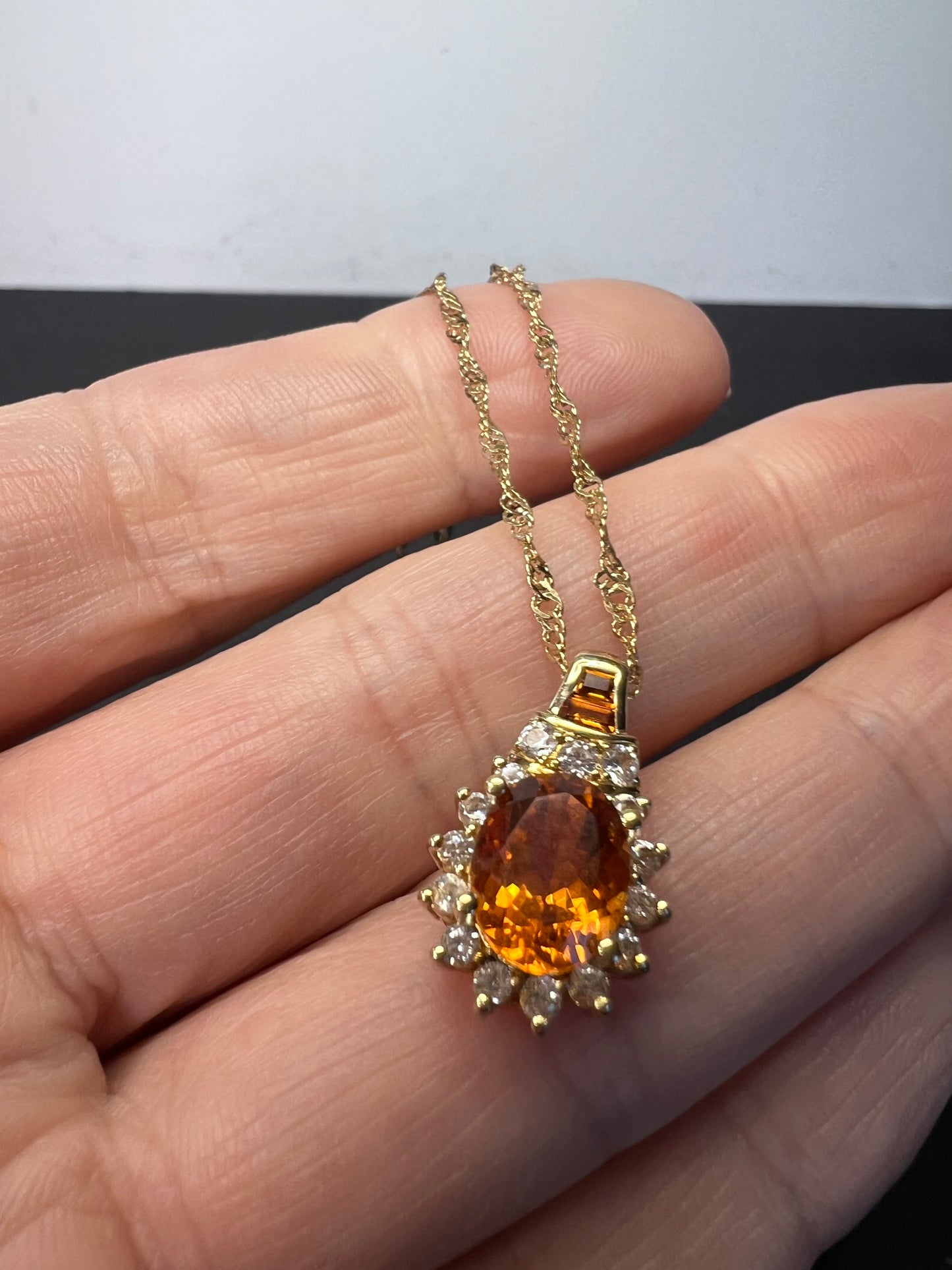 Mandarin citrine and white topaz halo pendant necklace in 14k gold over sterling silver