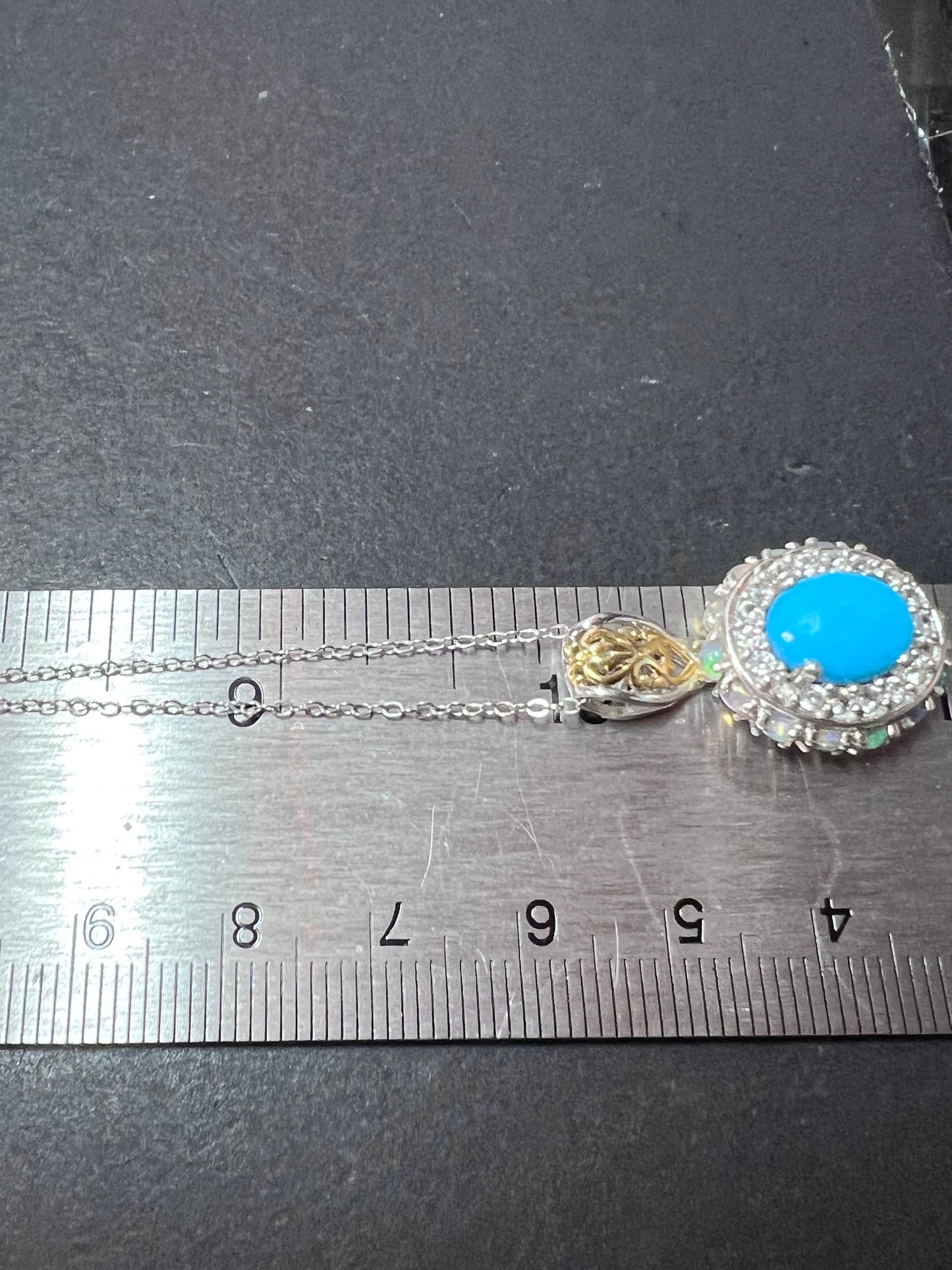 New Opal and sleeping beauty turquoise halo pendant and 20 inch chain necklace