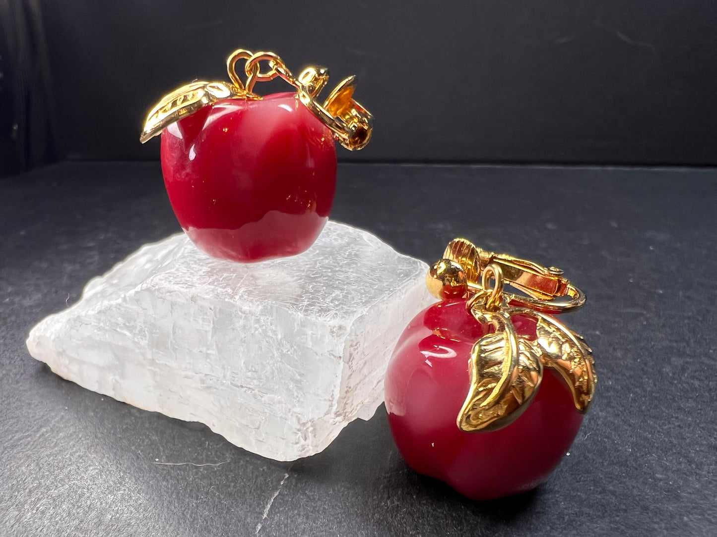 Avon "Apple A Day" Vintage Clip Earrings | Red Lucite Dangle Costume Jewelry