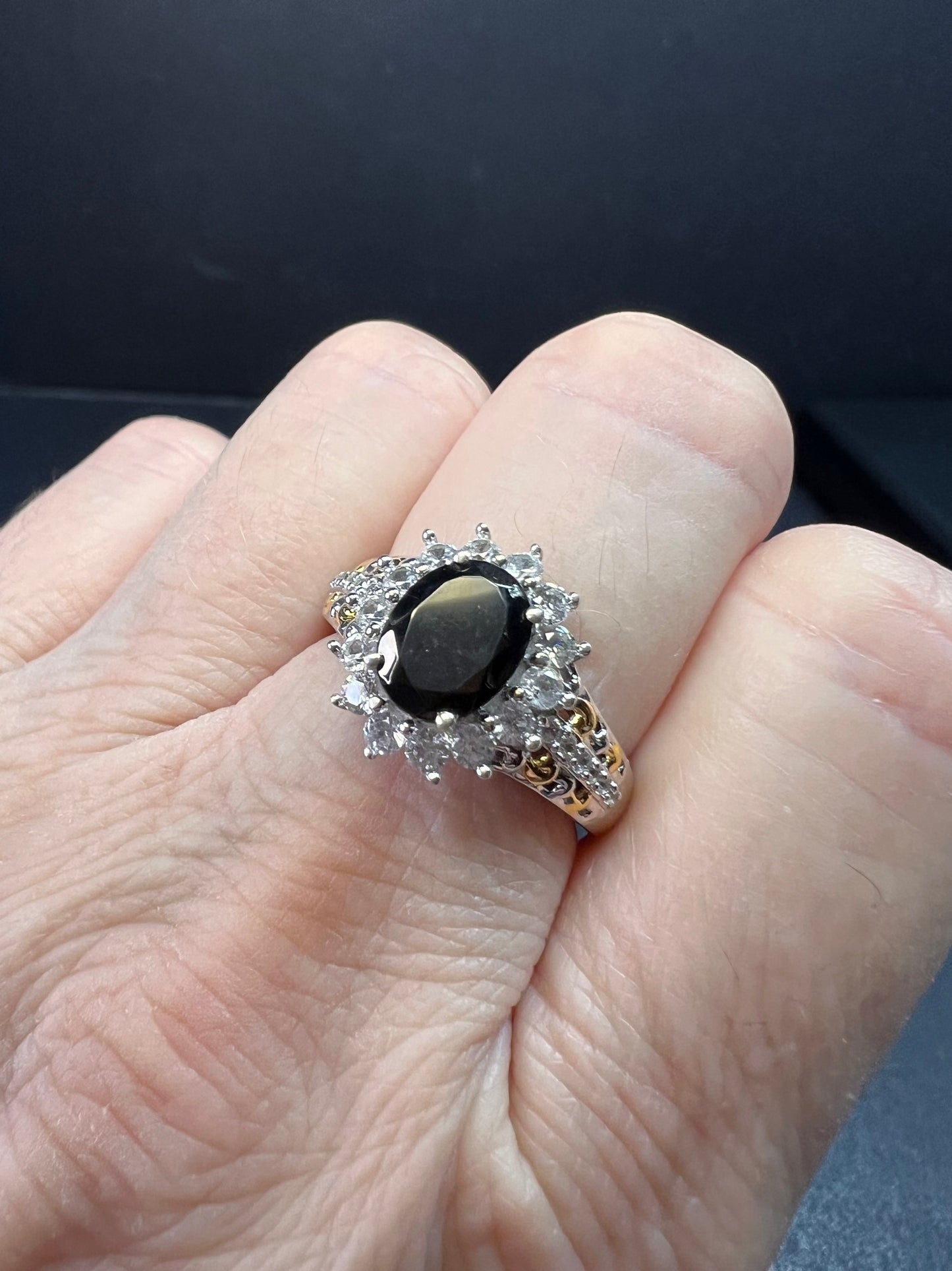 NEW Elite Shungite and zircon halo ring in vermeil and rhodium over sterling silver size 8