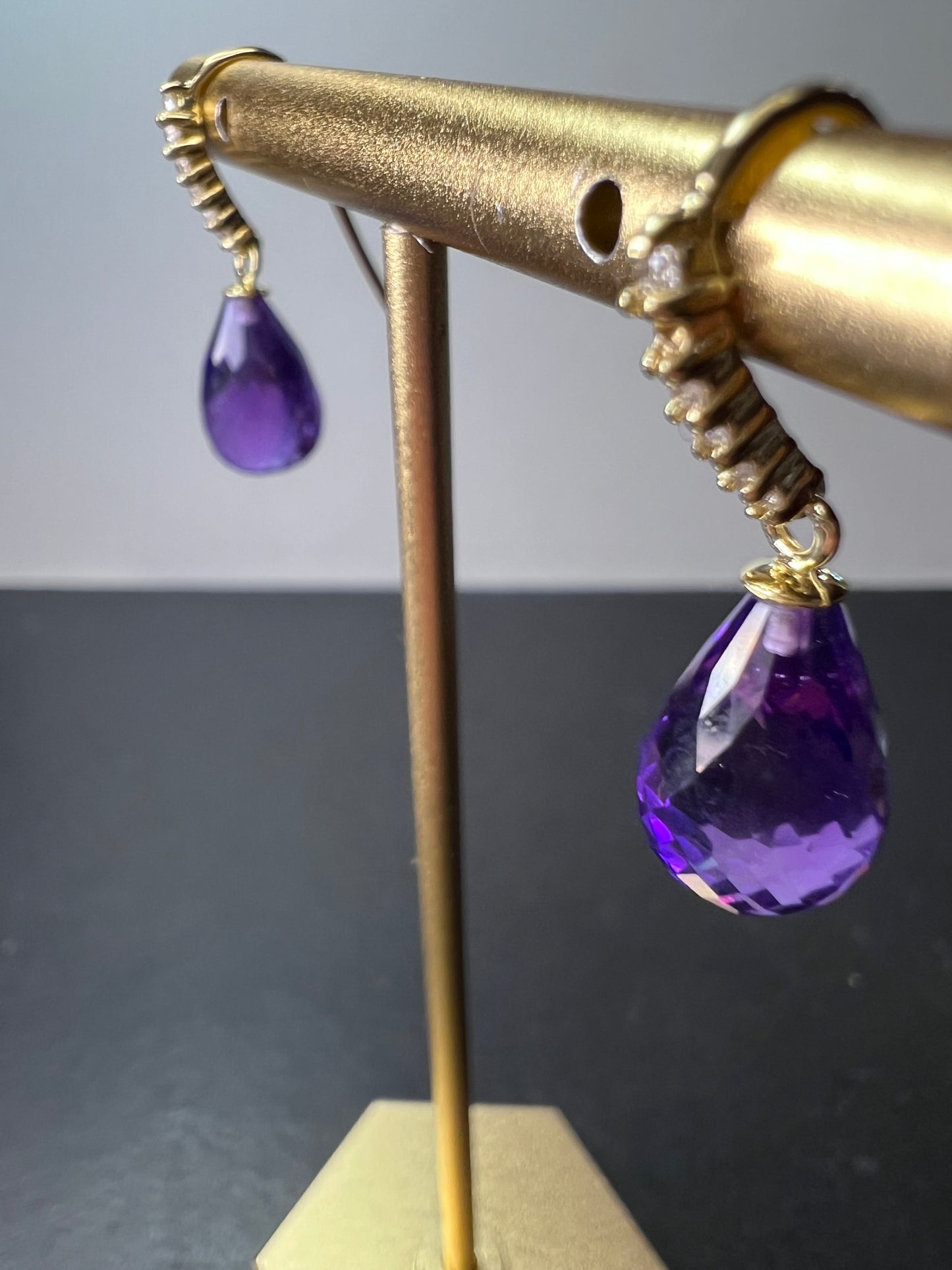 14k gold amethyst briolette and diamond dangle earrings