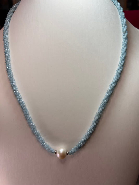 White Cultured Freshwater Pearl with Aquamarine Rhodium Over Sterling Silver Necklace *NEW*