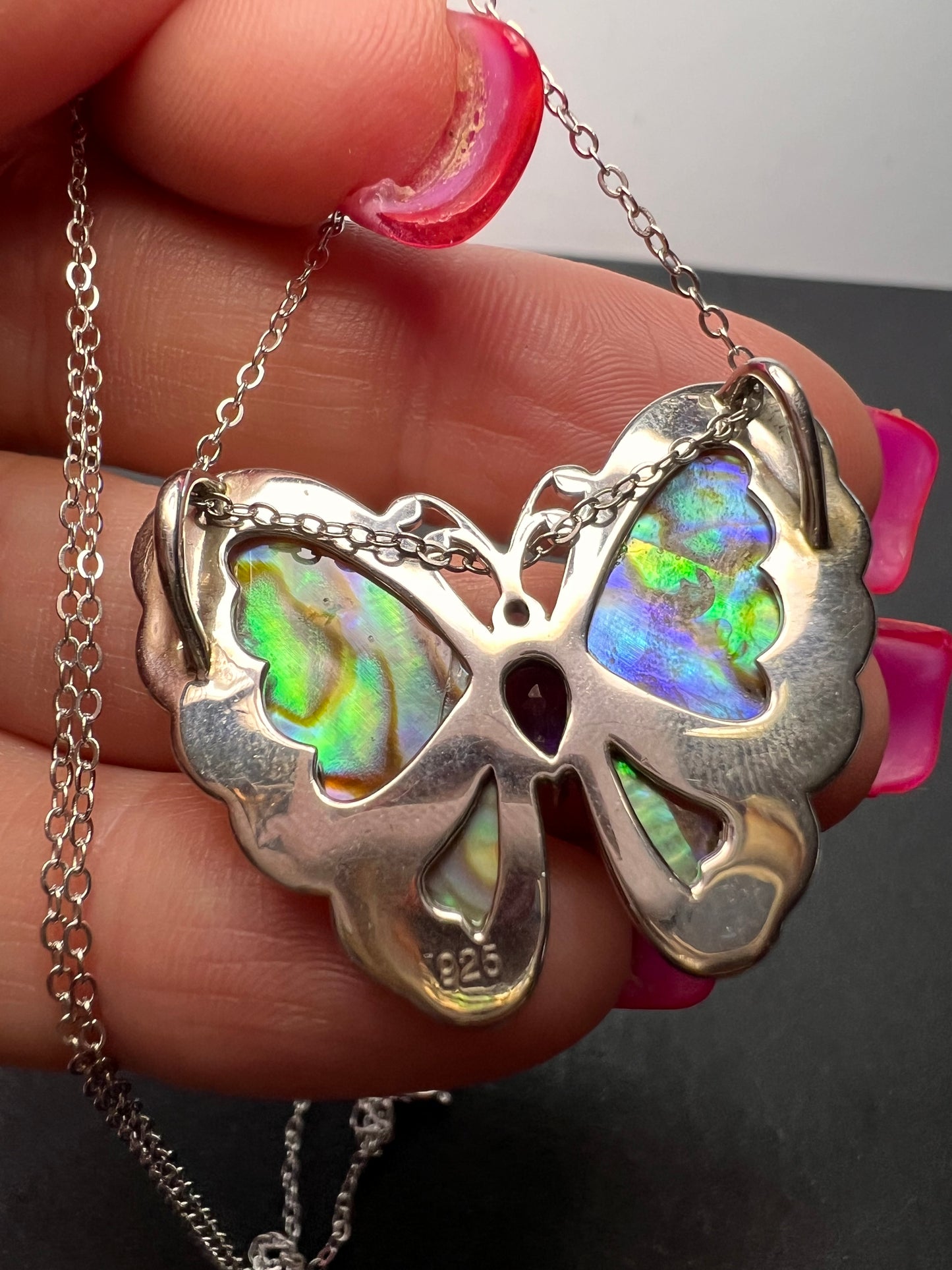 Abalone, amethyst and pearl butterfly sterling silver necklace