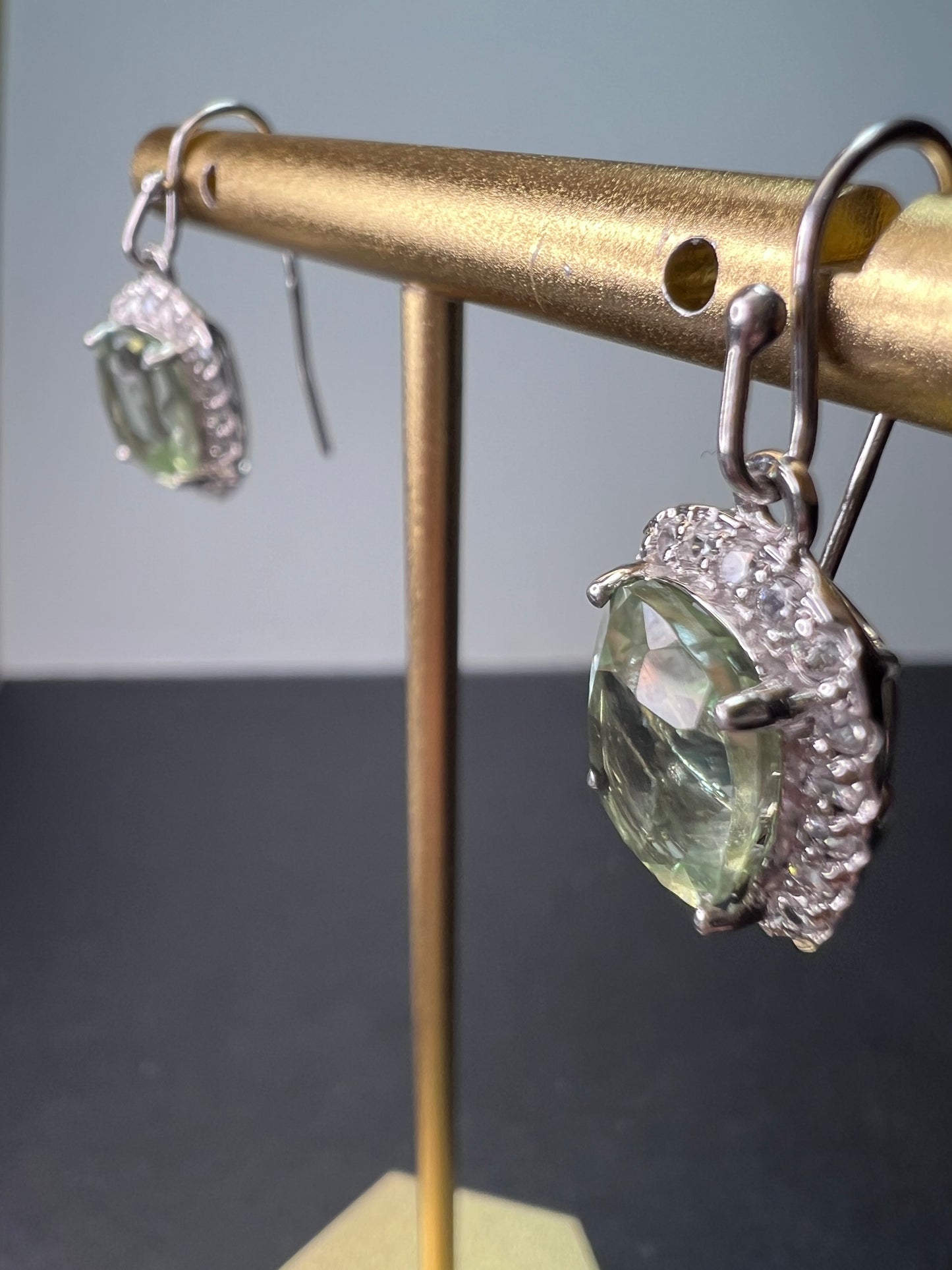 Prasiolite and zircon sterling silver halo earrings