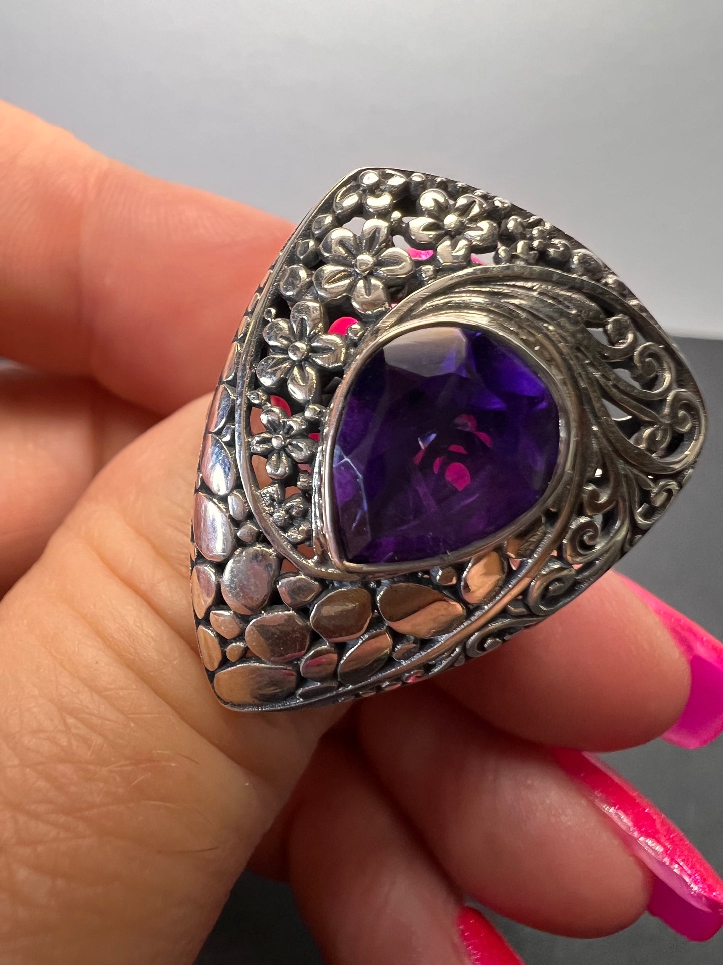 African amethyst planchette teardrop style sterling silver floral ring size 9