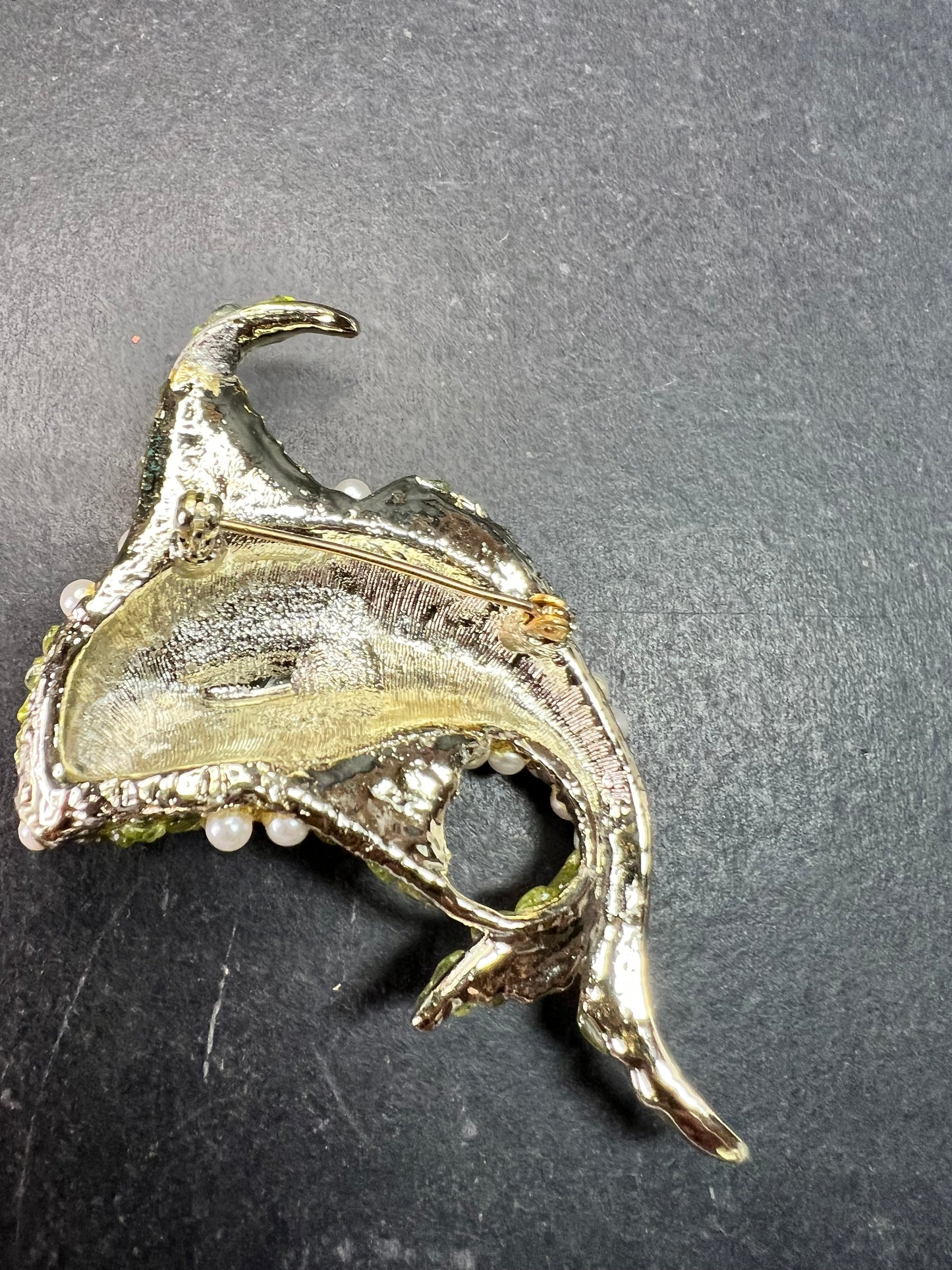 Vintage Faux Pearl & Genuine Peridot Fish Brooch Statement Pin