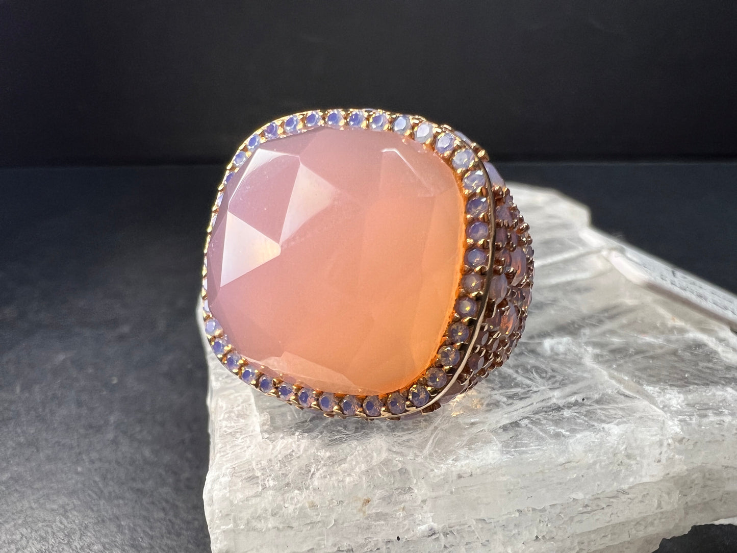 Pink Chalcedony Statement Ring 18K Rose Gold Plated Size 7.5 NWT