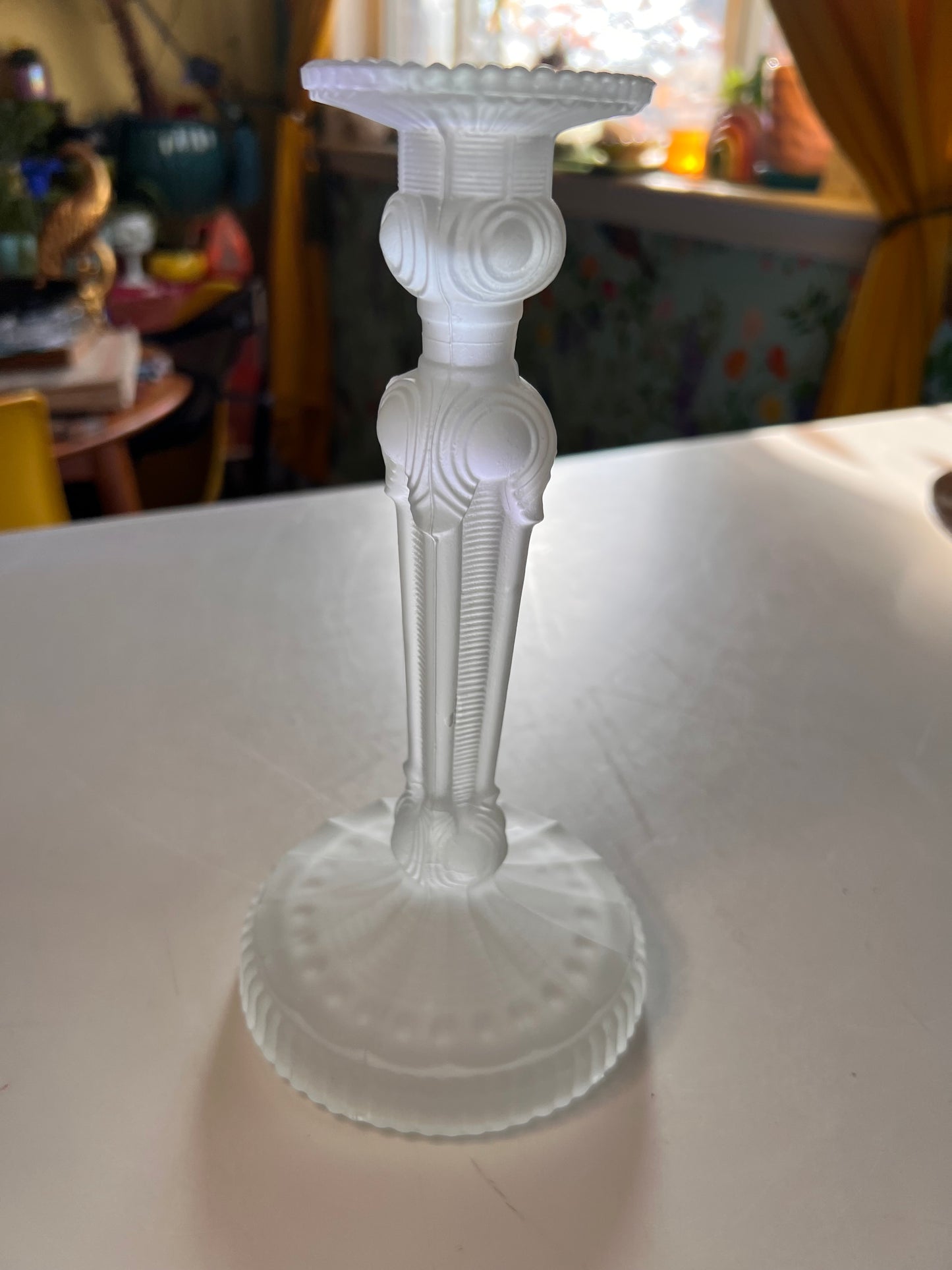 Vintage Frosted Glass Candlestick | Lalique Style Art Deco Taper Holder 6.75"