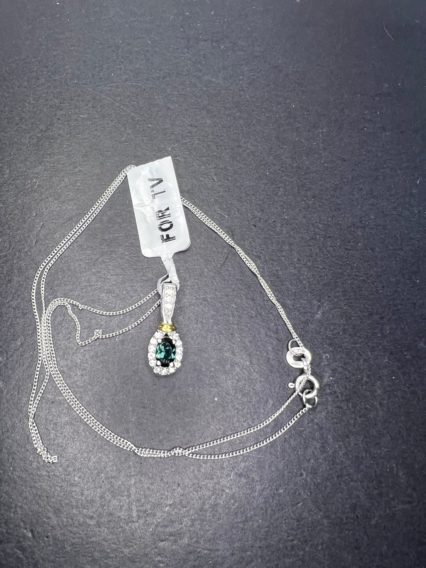 Indicolite tourmaline and zircon sterling silver pendant and 20 inch chain necklace