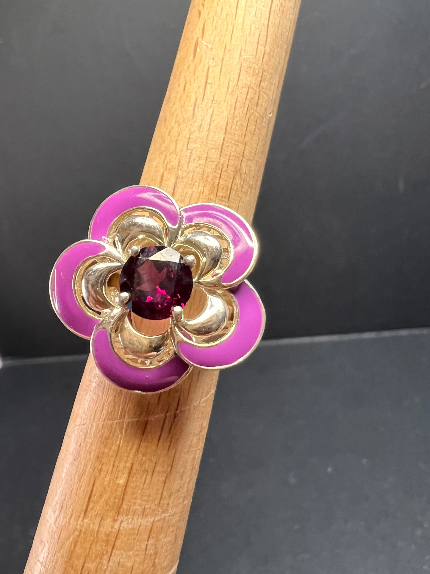 Ross Simons garnet and enamel flower sterling silver ring size 5