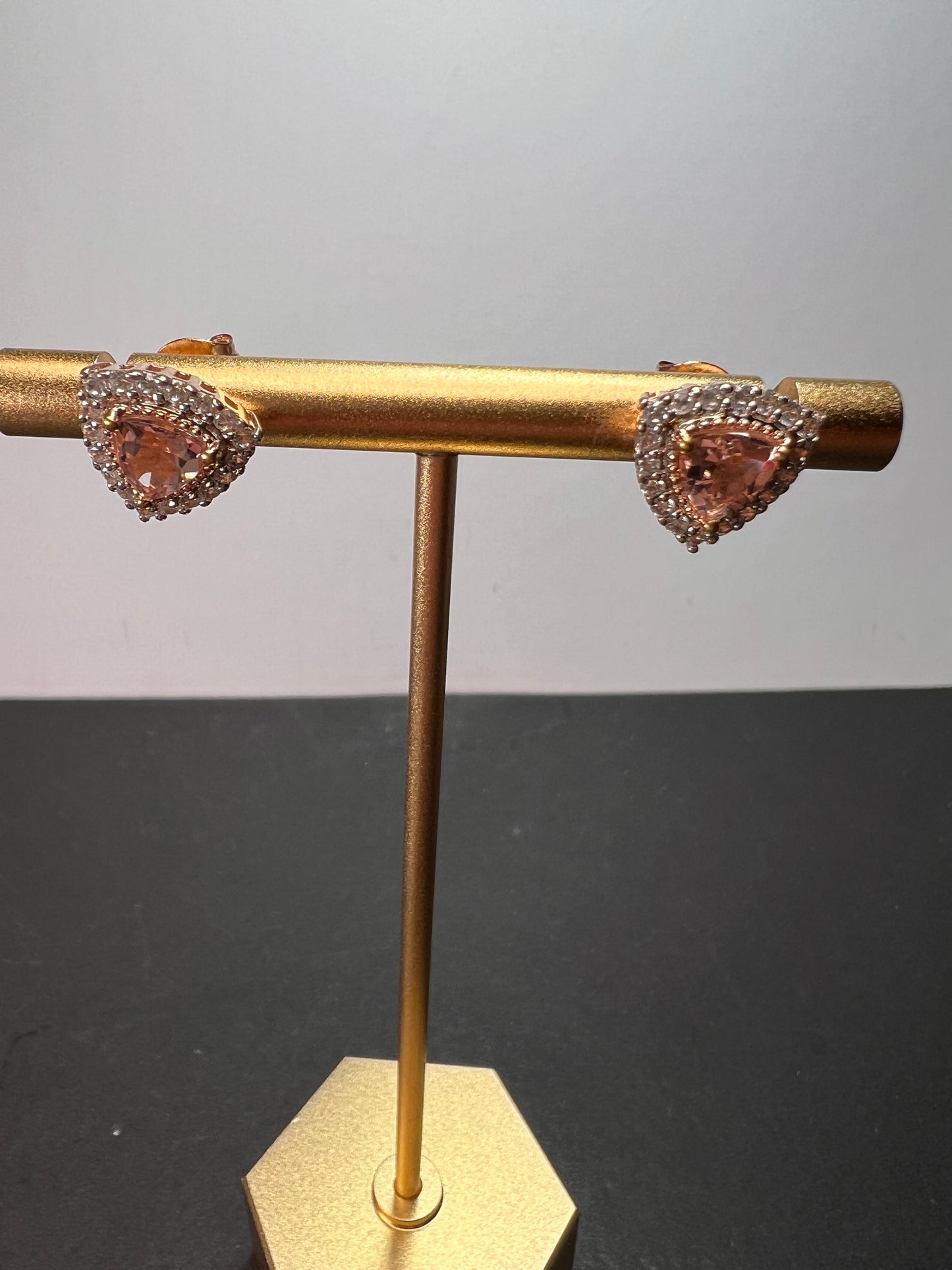 Morganite and zircon trillion halo rose gold over sterling stud earrings