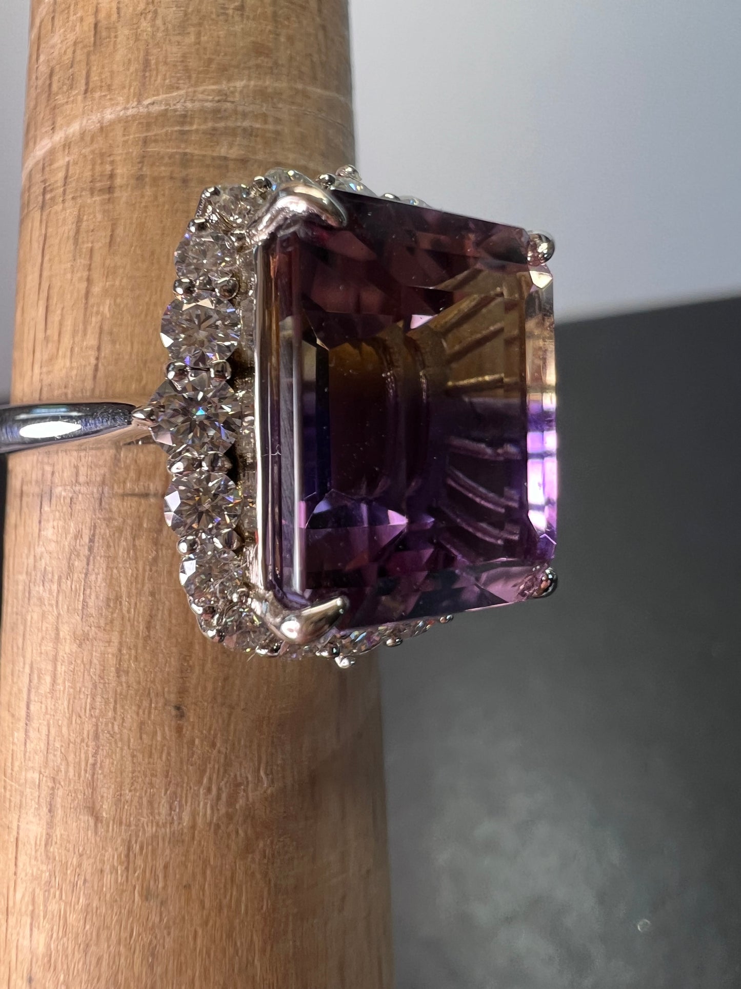 Ametrine and moissanite halo ring in rhodium over sterling silver size 8