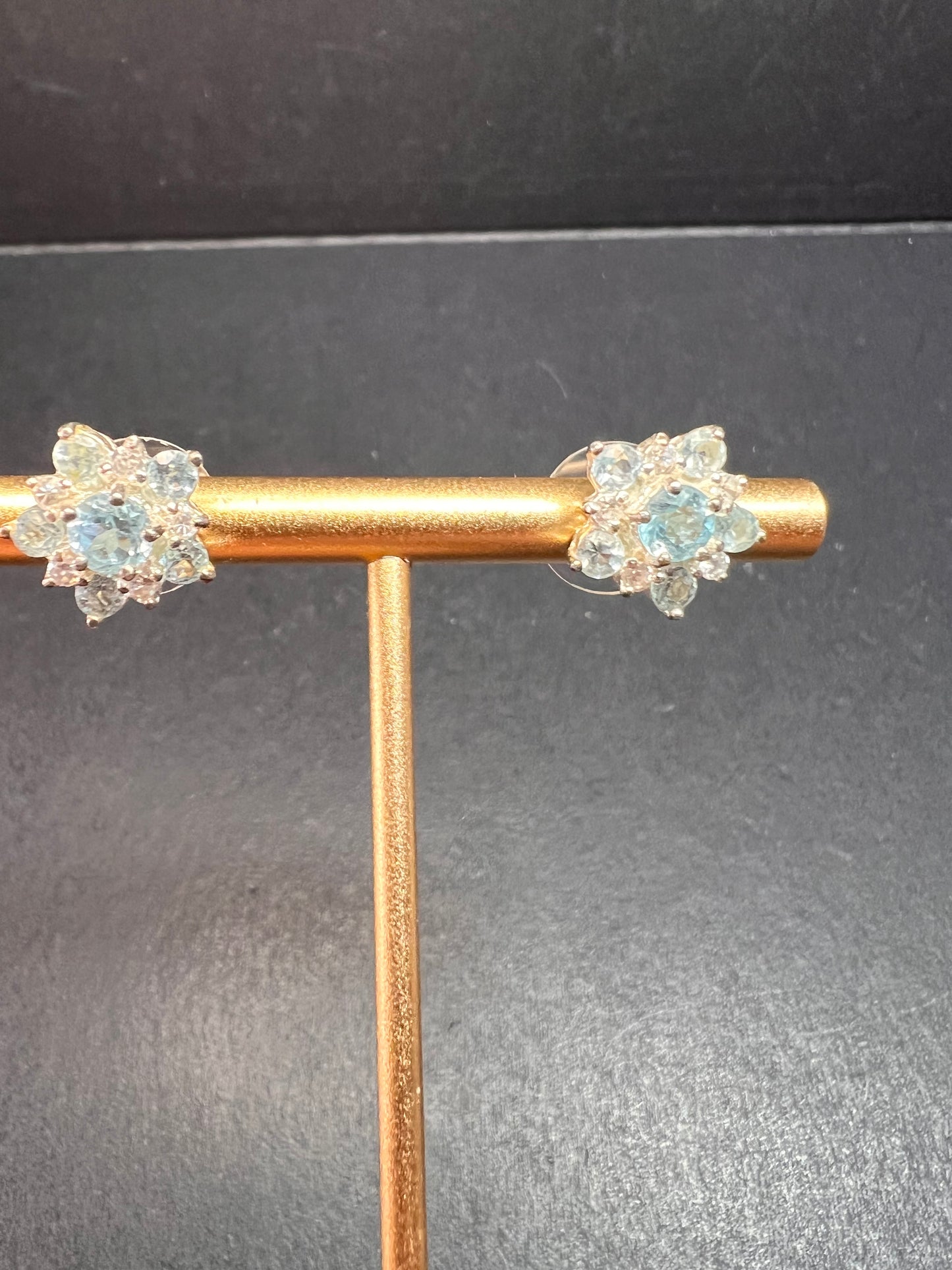 Vintage blue topaz and cz sterling silver snowflake stud earrings
