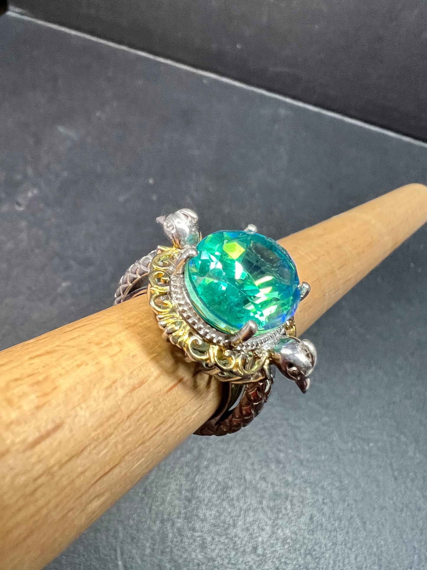 Sterling Silver Peacock Quartz Statement Ring Size 9