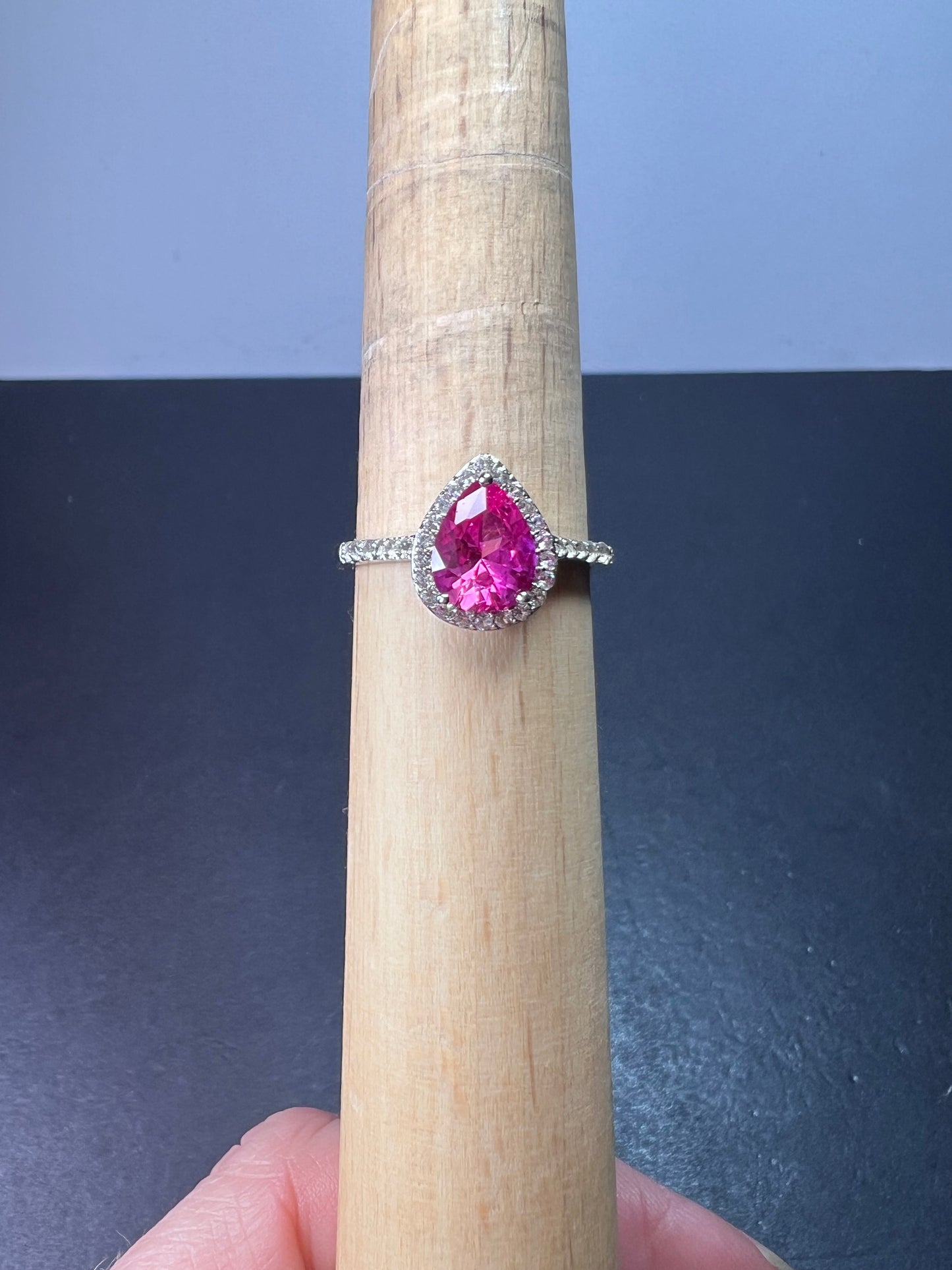 Barbie style lab pink sapphire sterling silver halo ring size 9