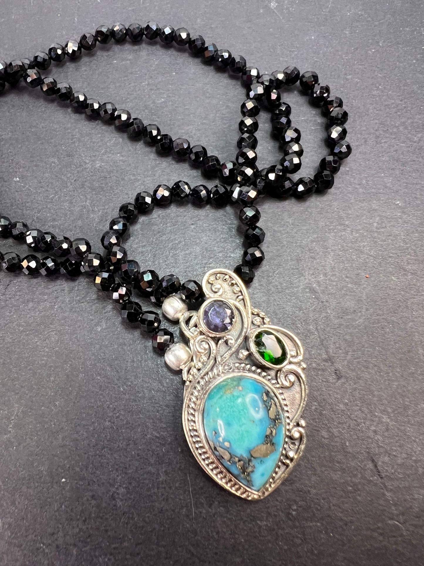 Black spinel and turquoise multi gem sterling silver pendant necklace