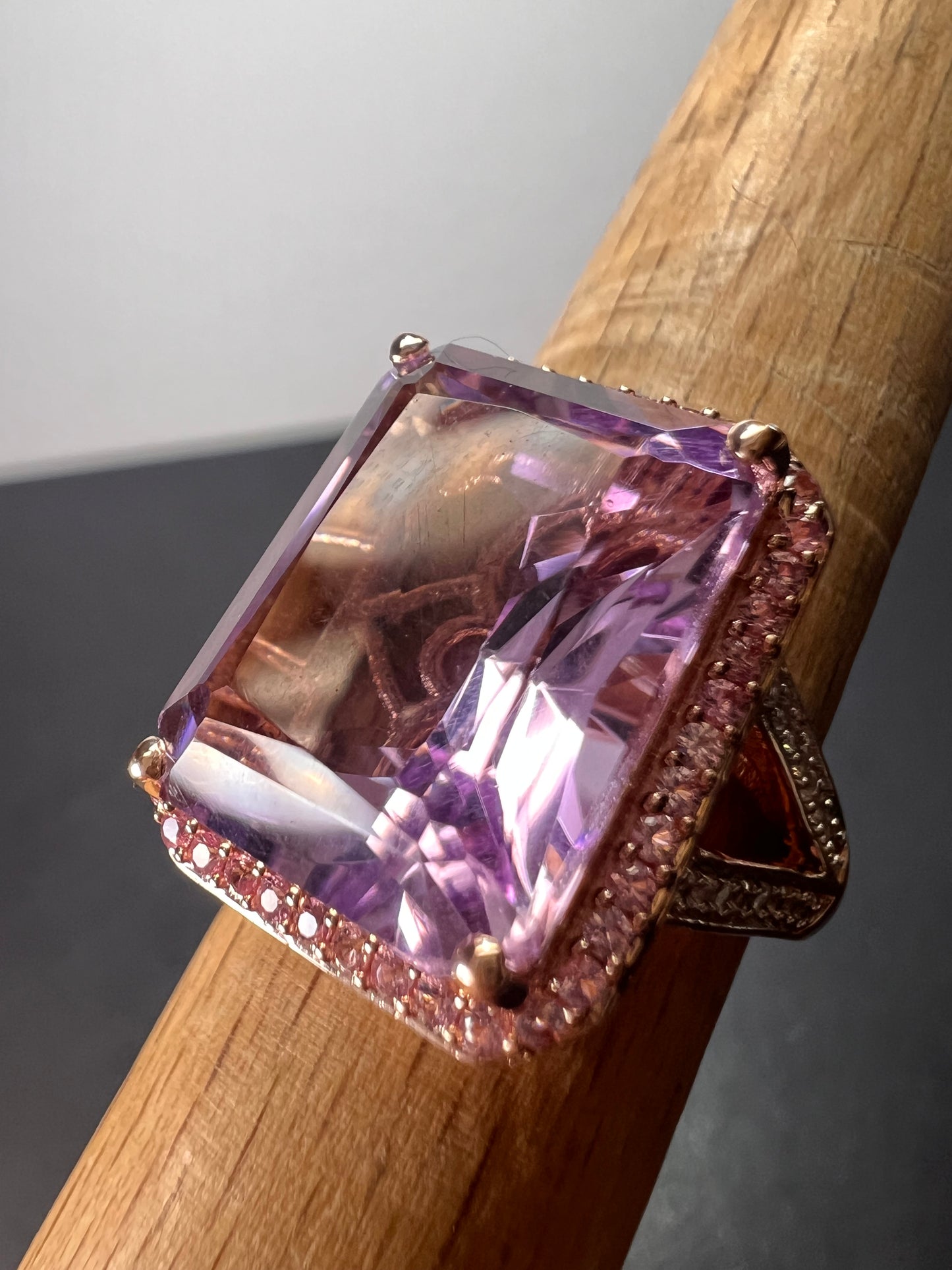 Radiant cut rose de France amethyst and pink sapphire halo ring in rose gold vermeil over sterling silver size 8 *NEW*