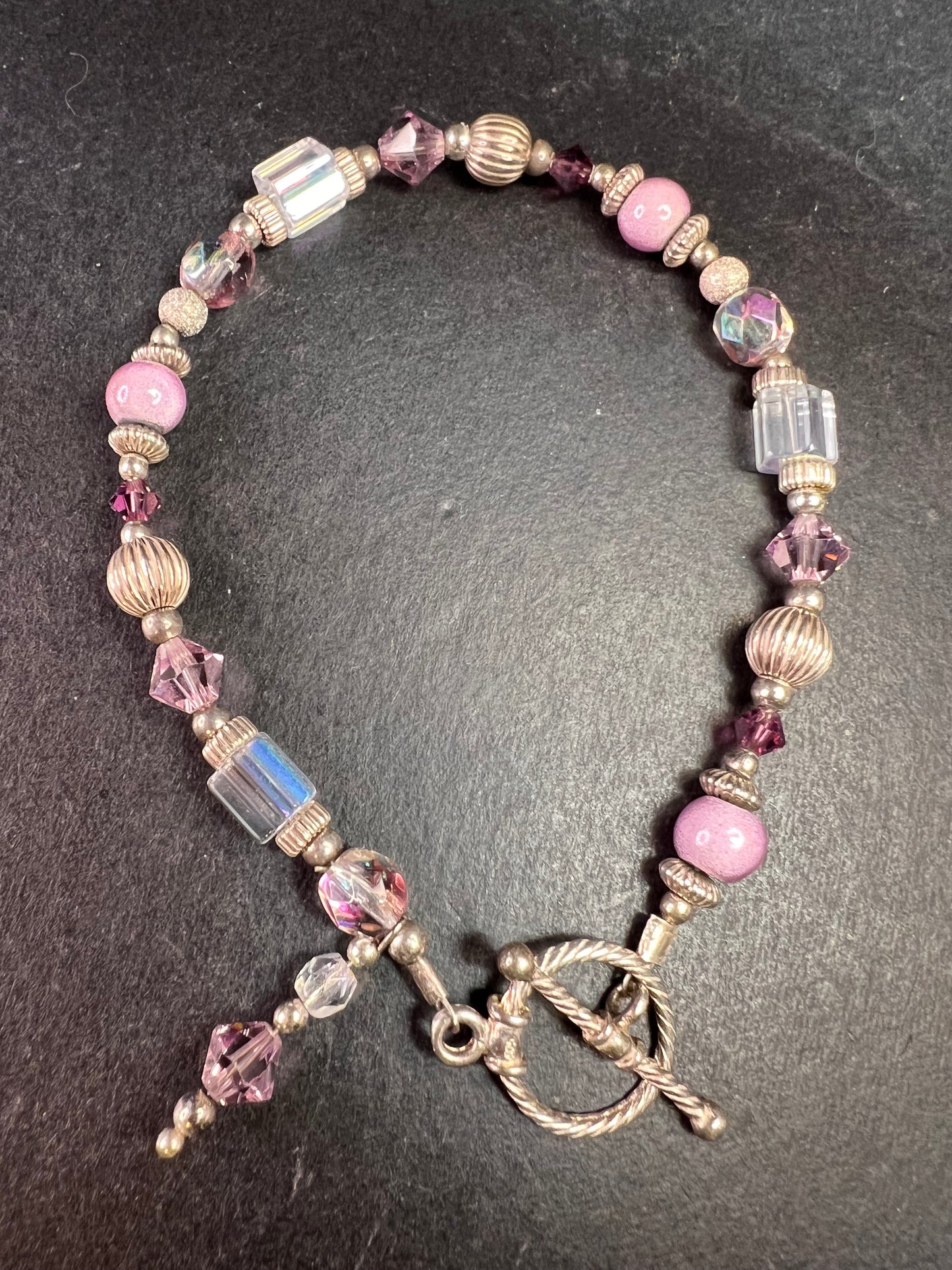Vintage Sterling Silver Toggle Bracelet with Purple Crystal & Lampwork Beads