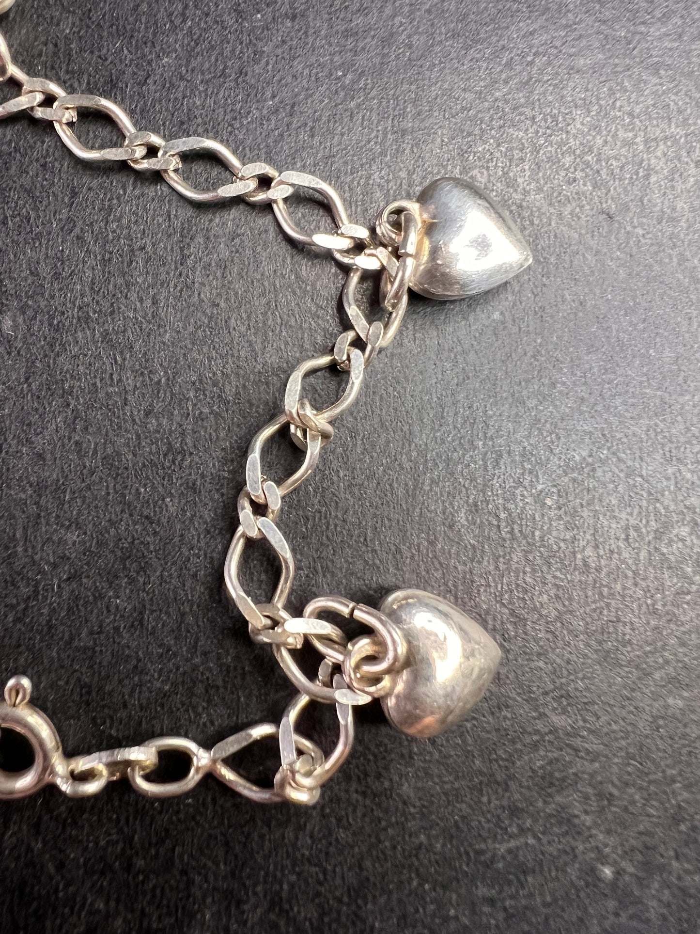 Vintage sterling silver puffy hearts lock and key charm bracelet 7.5 inch