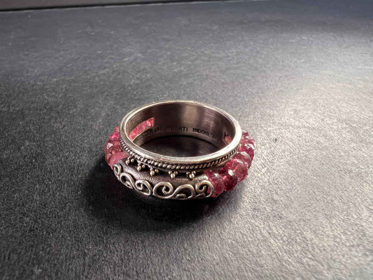 Vintage Suarti pink tourmaline Bali sterling silver 18k gold ring size 9
