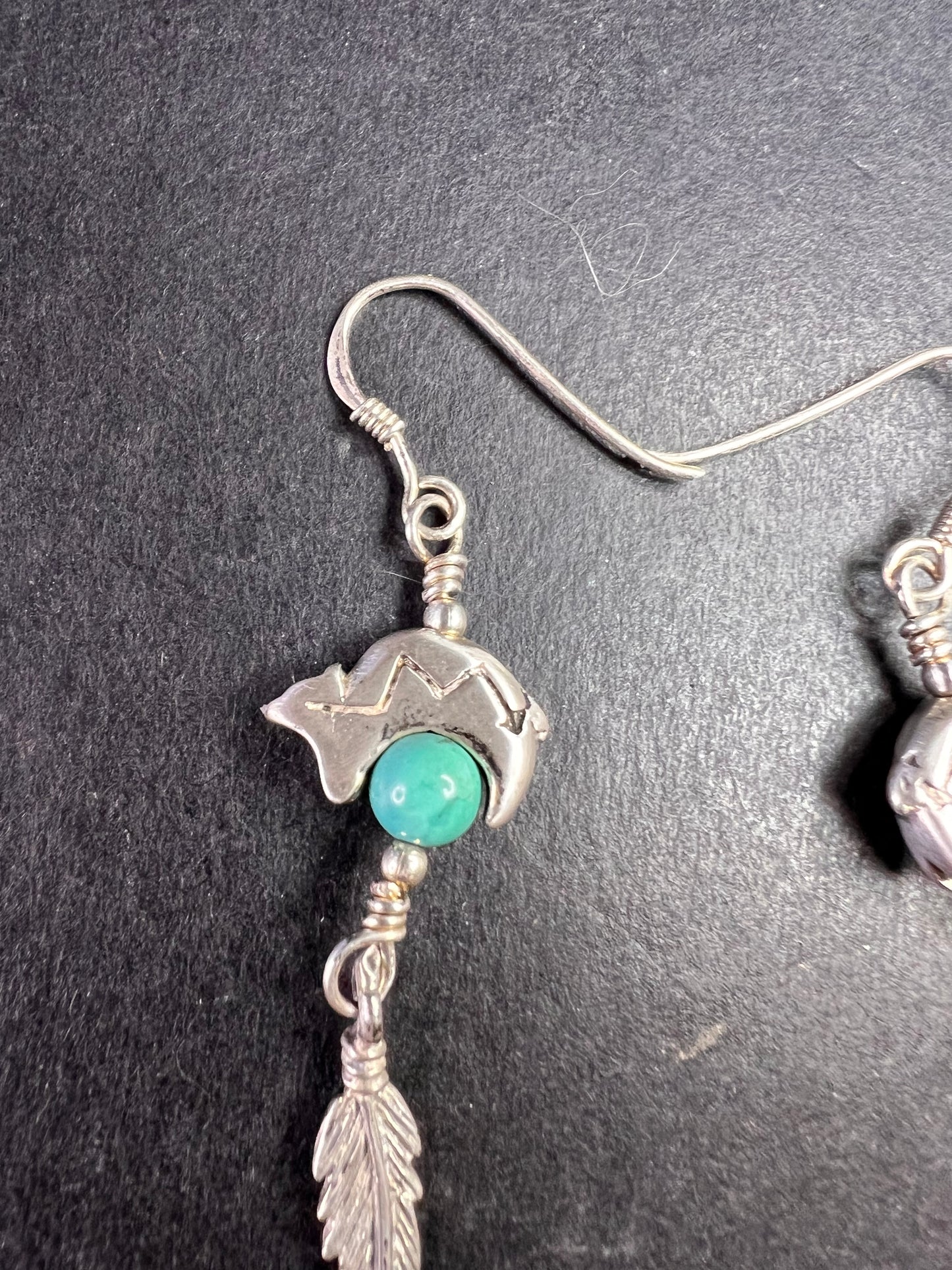 Vintage Sterling Silver Turquoise Earrings – Bear & Feather Motif