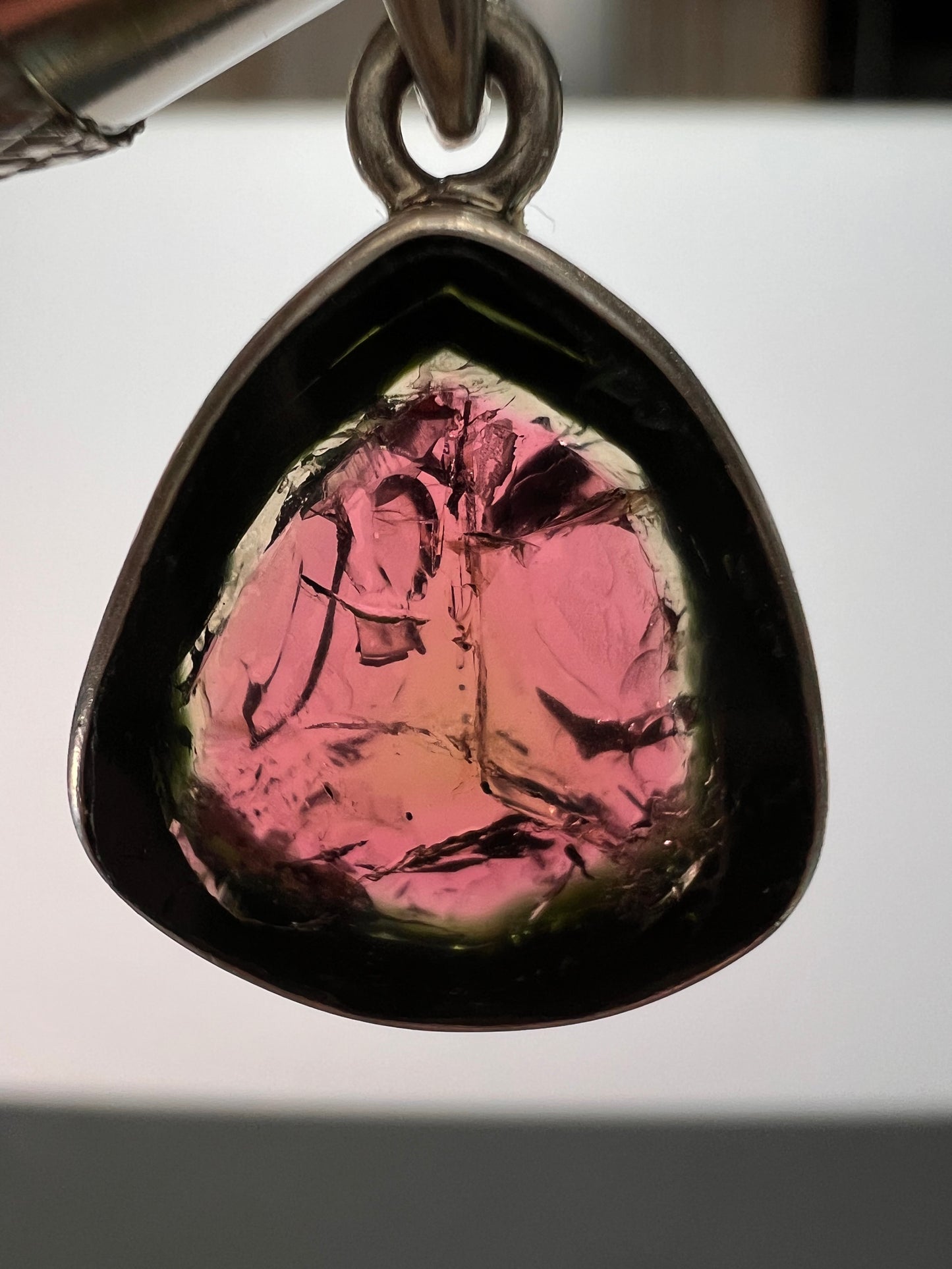 NEW Watermelon tourmaline slice sterling silver pendant 3.90 grams