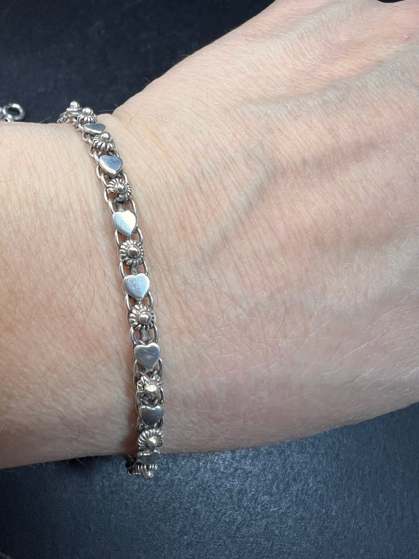 Vintage Cannetille and hearts sterling silver bracelet with charm