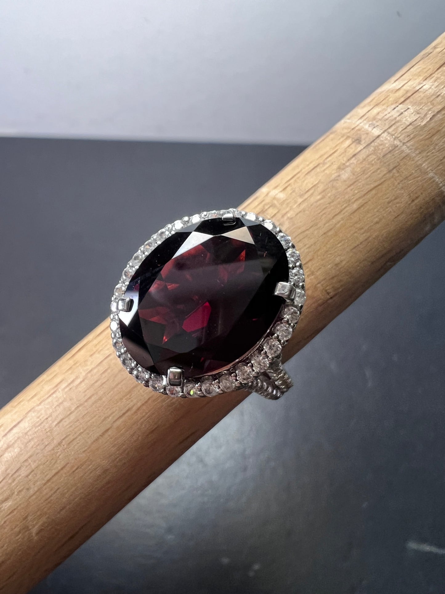 Garnet and zircon sterling silver halo ring size 9