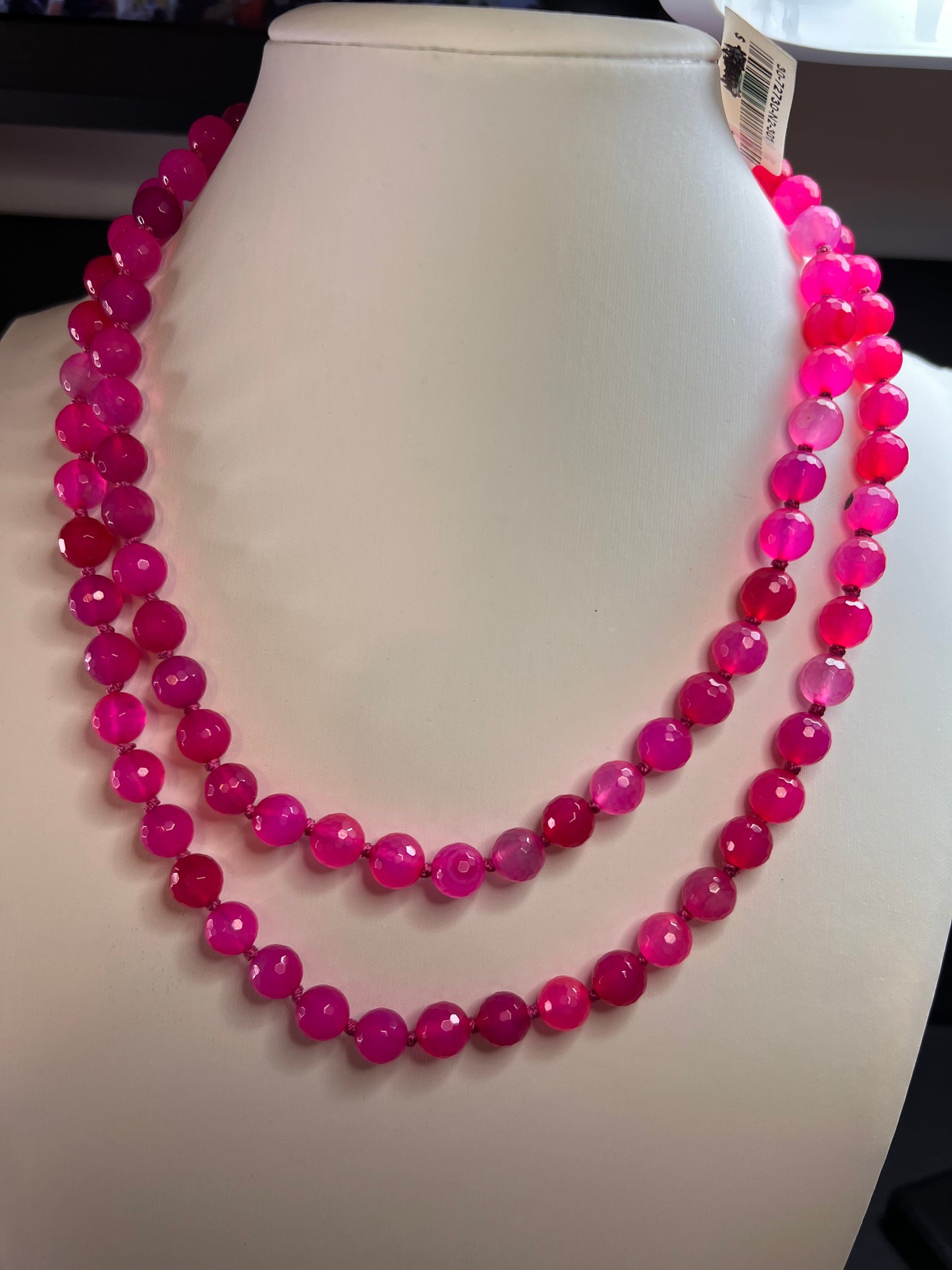 NEW fuchsia pink dyed agate 36 inch knotted bead necklace with sterling silver clasp