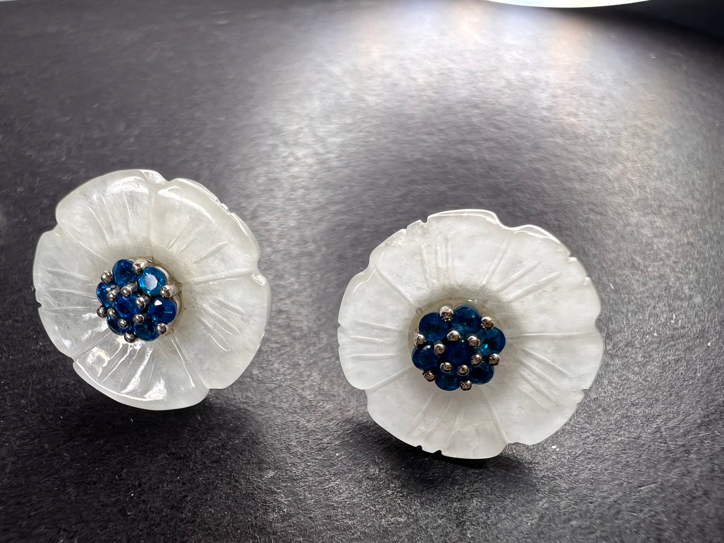 White Jade and neon blue apatite flower earrings in sterling silver