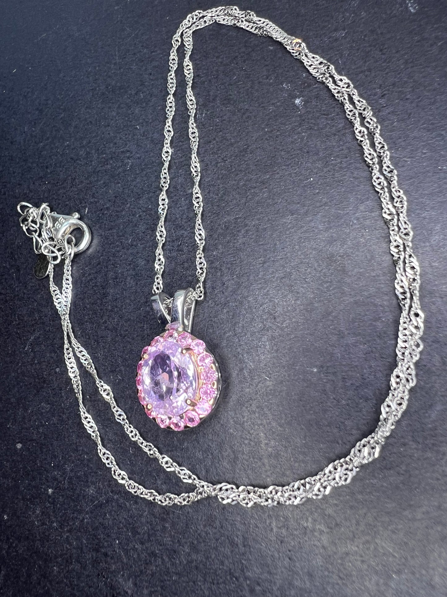 Kunzite and pink sapphire halo pendant necklace in sterling silver