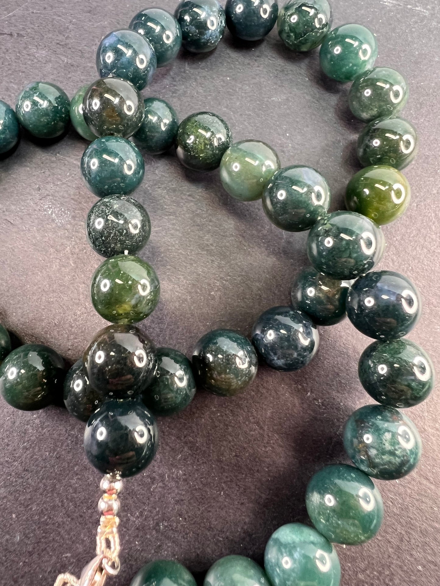 Moss agate 18 inch beaded necklace with sterling silver clasp