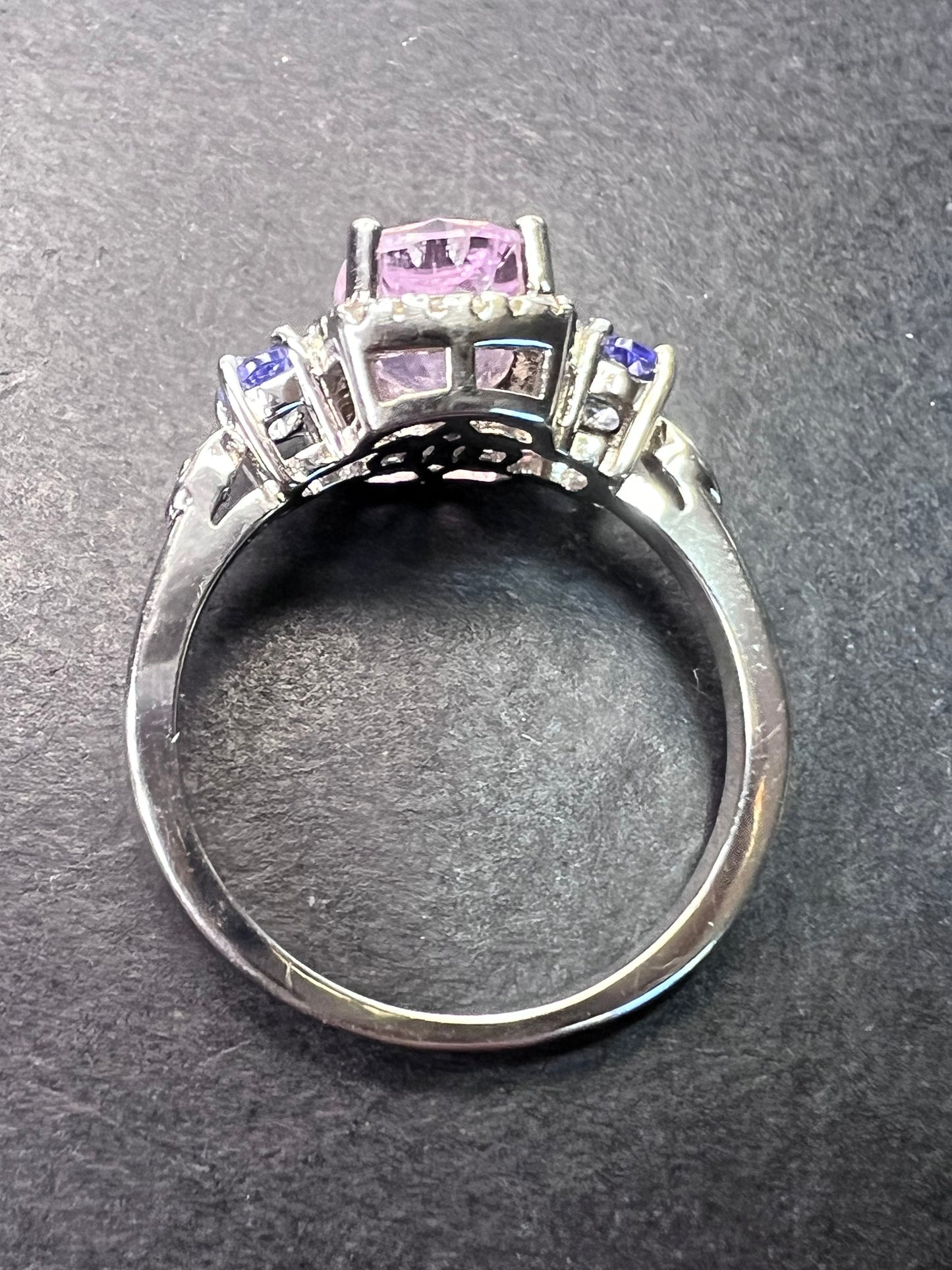 Kunzite, tanzanite and zircon halo ring size 9