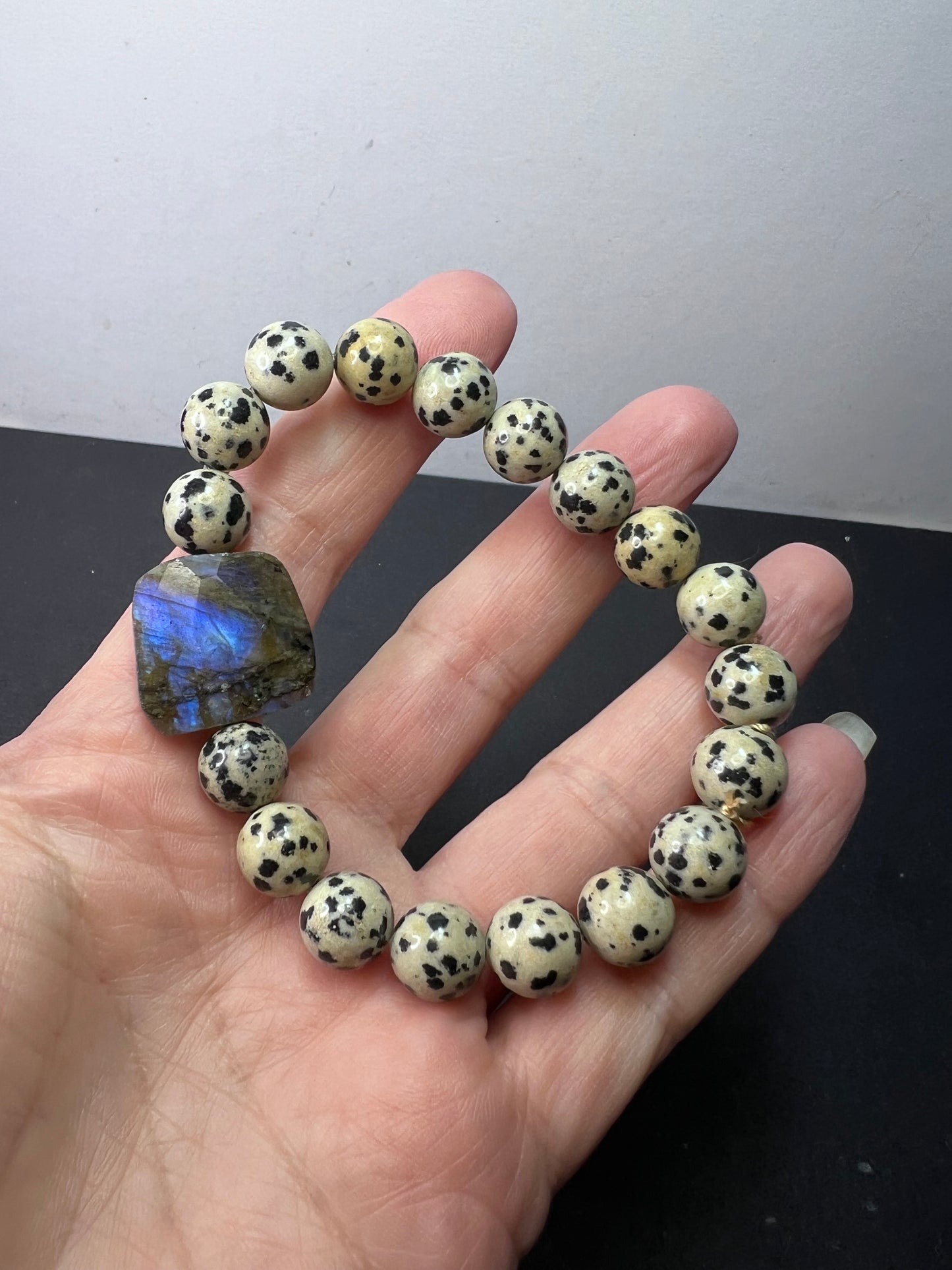 Dalmatian jasper and labradorite stretch bracelet 8 inch