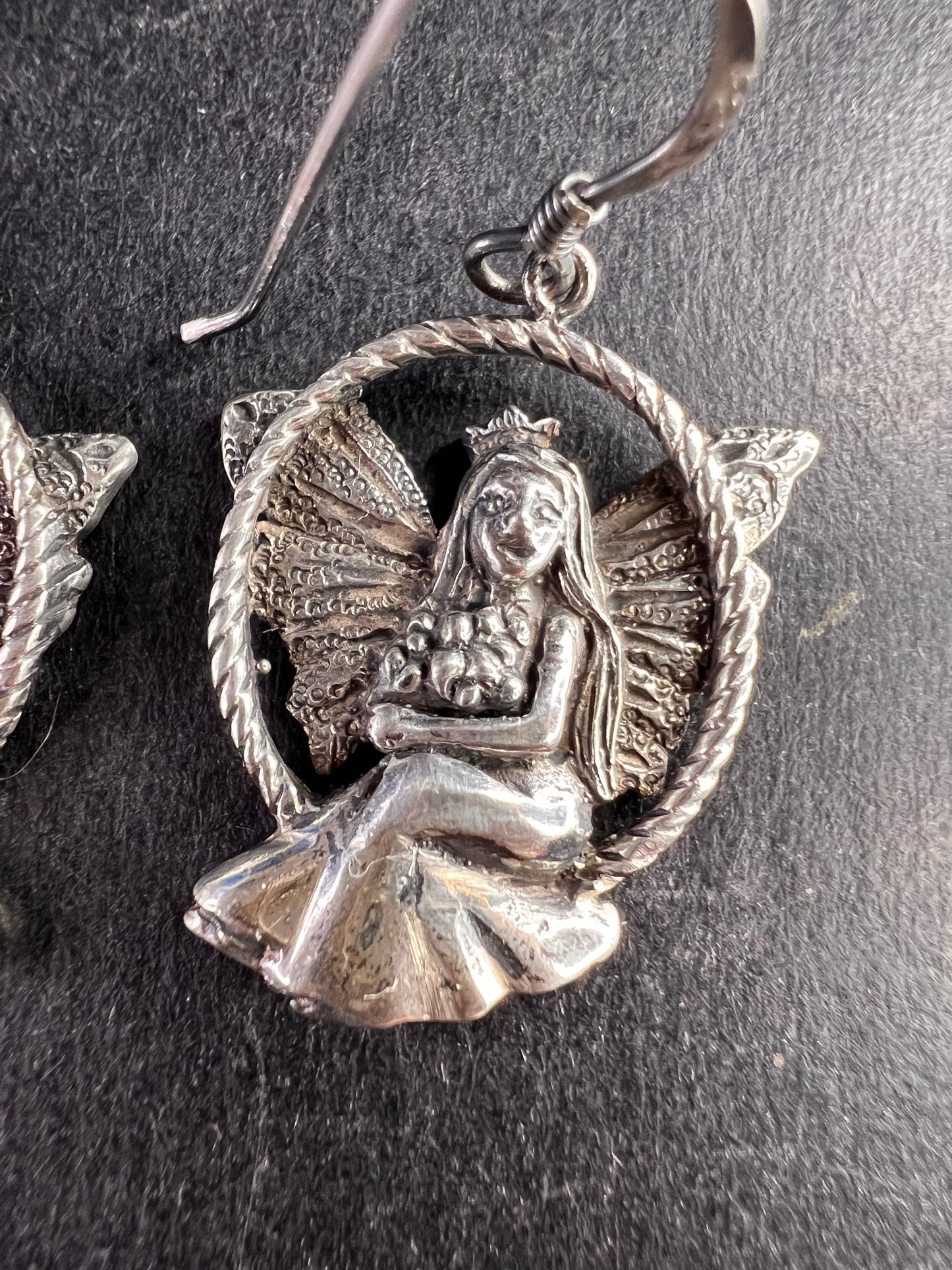 Vintage Sterling Silver Fairy Earrings • Detailed Wings & Floral Motif