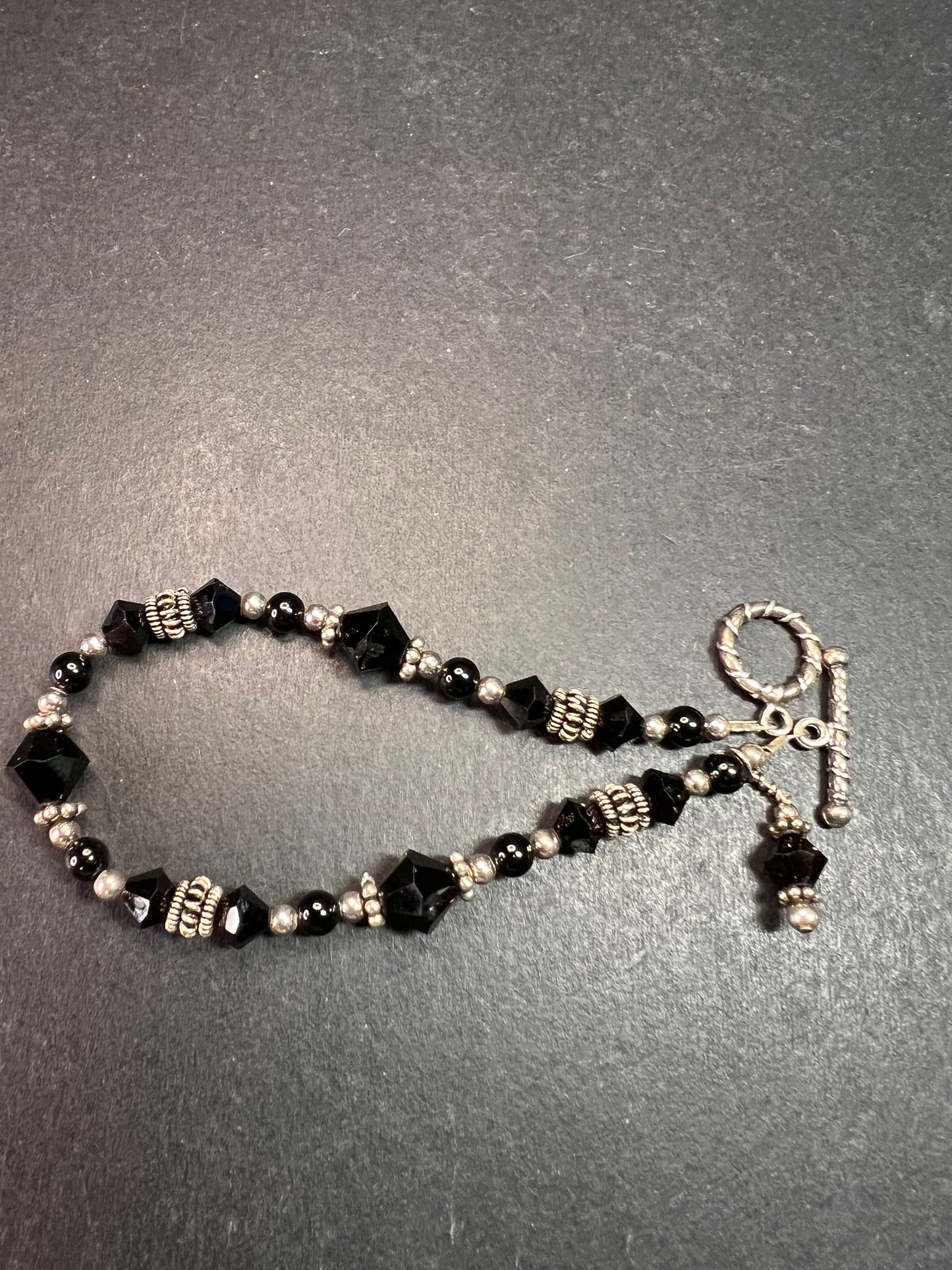 Black Swarovski Crystal & Bali Sterling Silver Beaded Bracelet – 7.75”