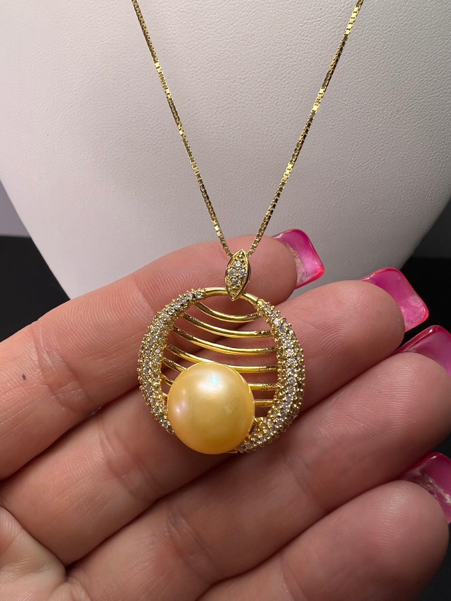 Golden yellow cultured pearl pendant in gold over sterling silver with chain