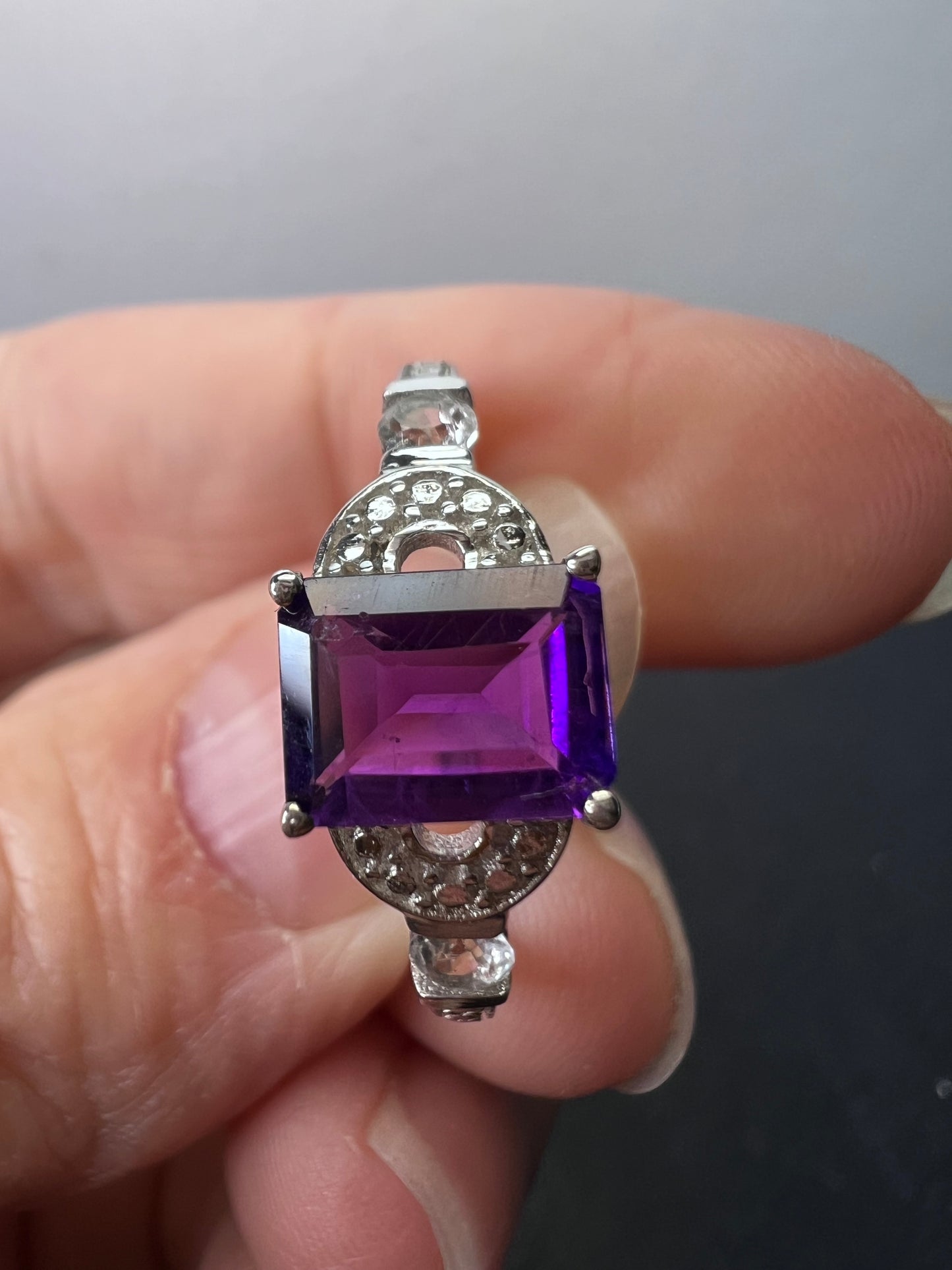 Amethyst and white topaz sterling silver ring size 9