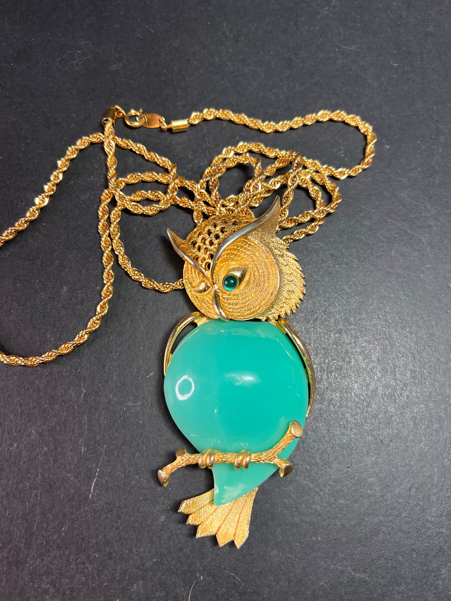 Spectacular Vintage 70s Owl Pendant Necklace | Long 36" Rope Chain | Turquoise
