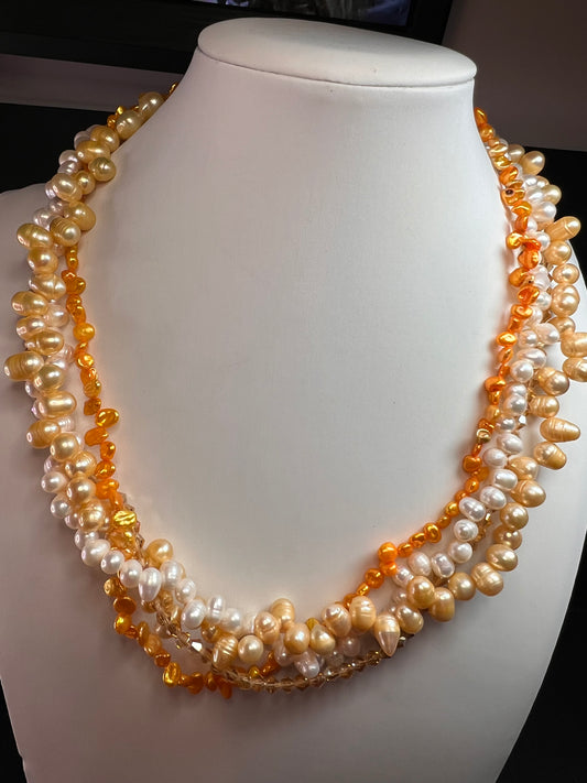 NEW yellow freshwater pearl multi strand necklace with sterling silver clasp