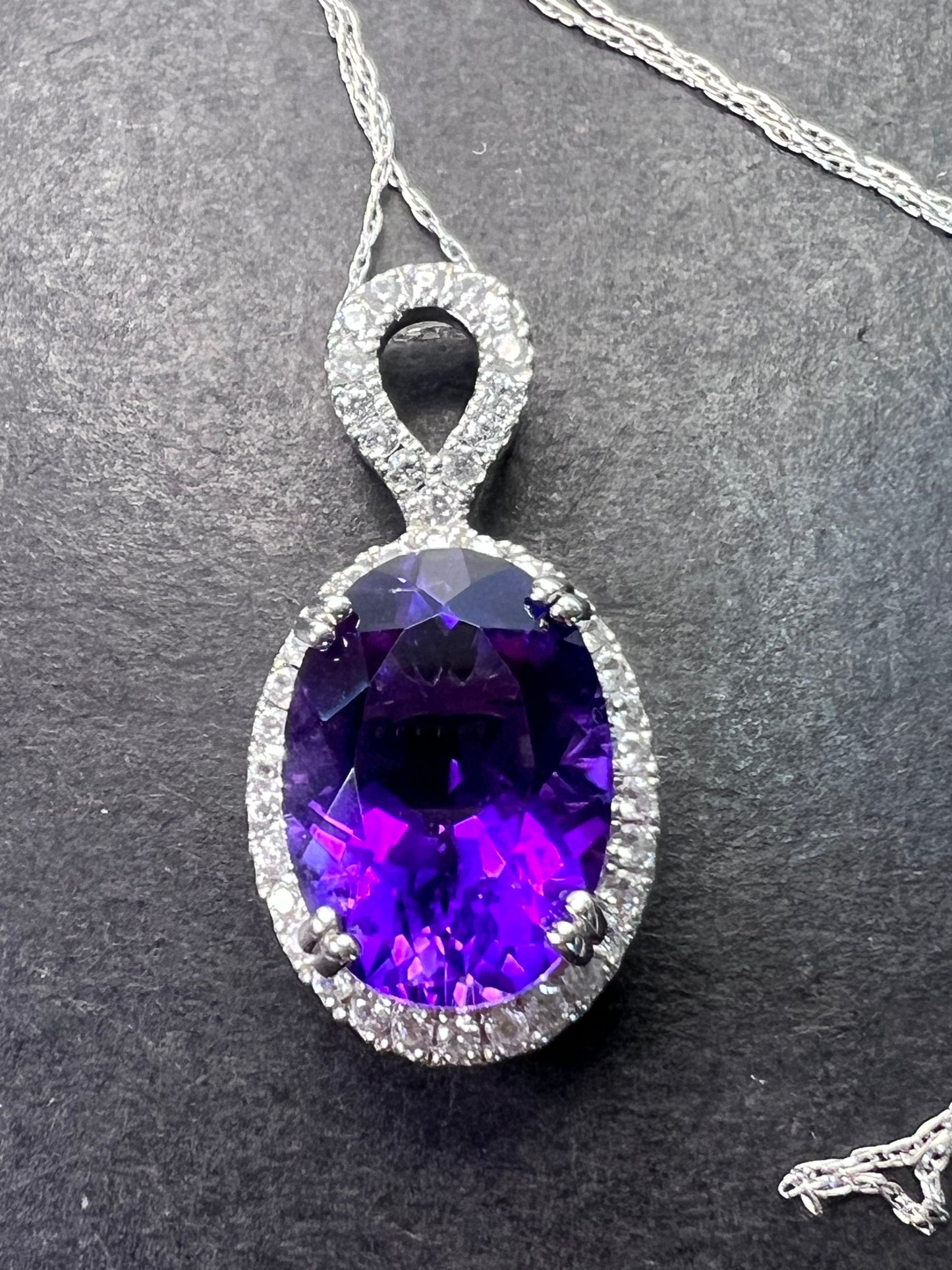 African amethyst 10k white gold and topaz halo pendant and chain necklace