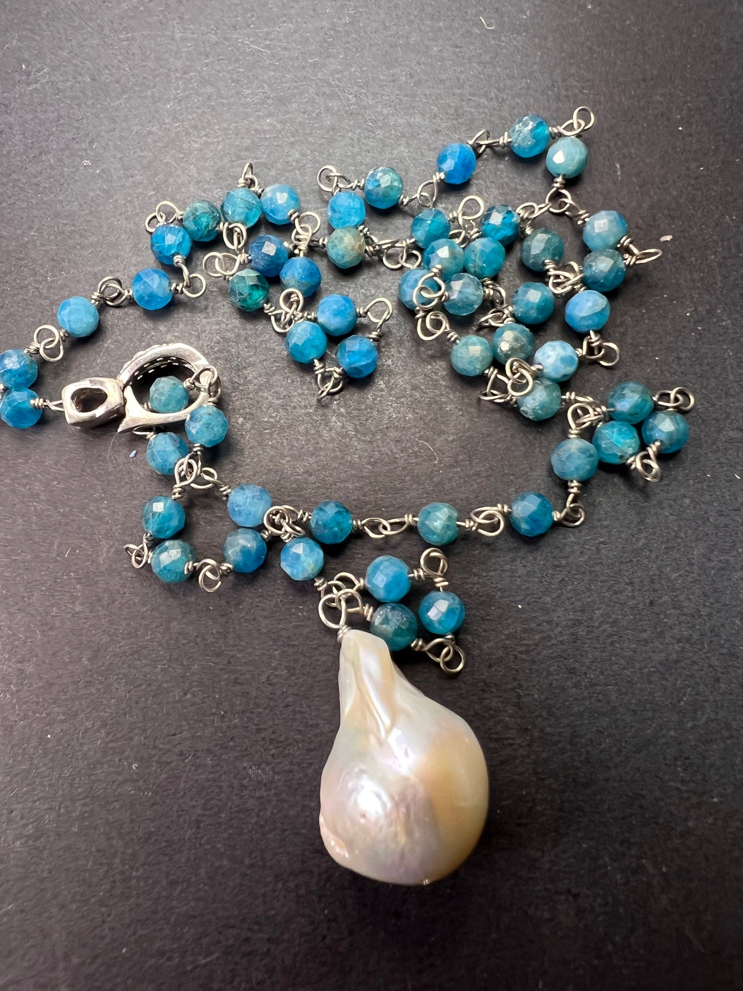 Blue apatite baroque pearl lariat sterling silver necklace