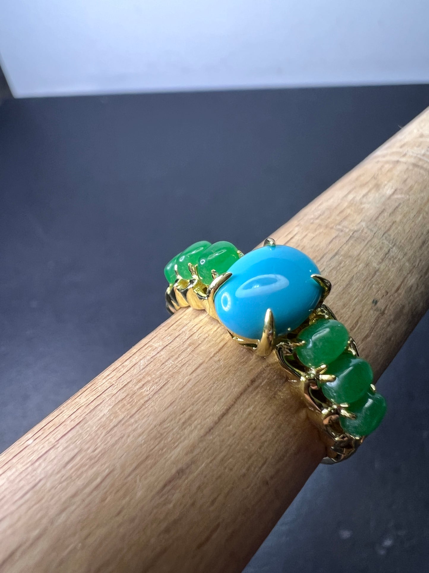 Sleeping Beauty turquoise and green jade 14k gold over silver ring size 9