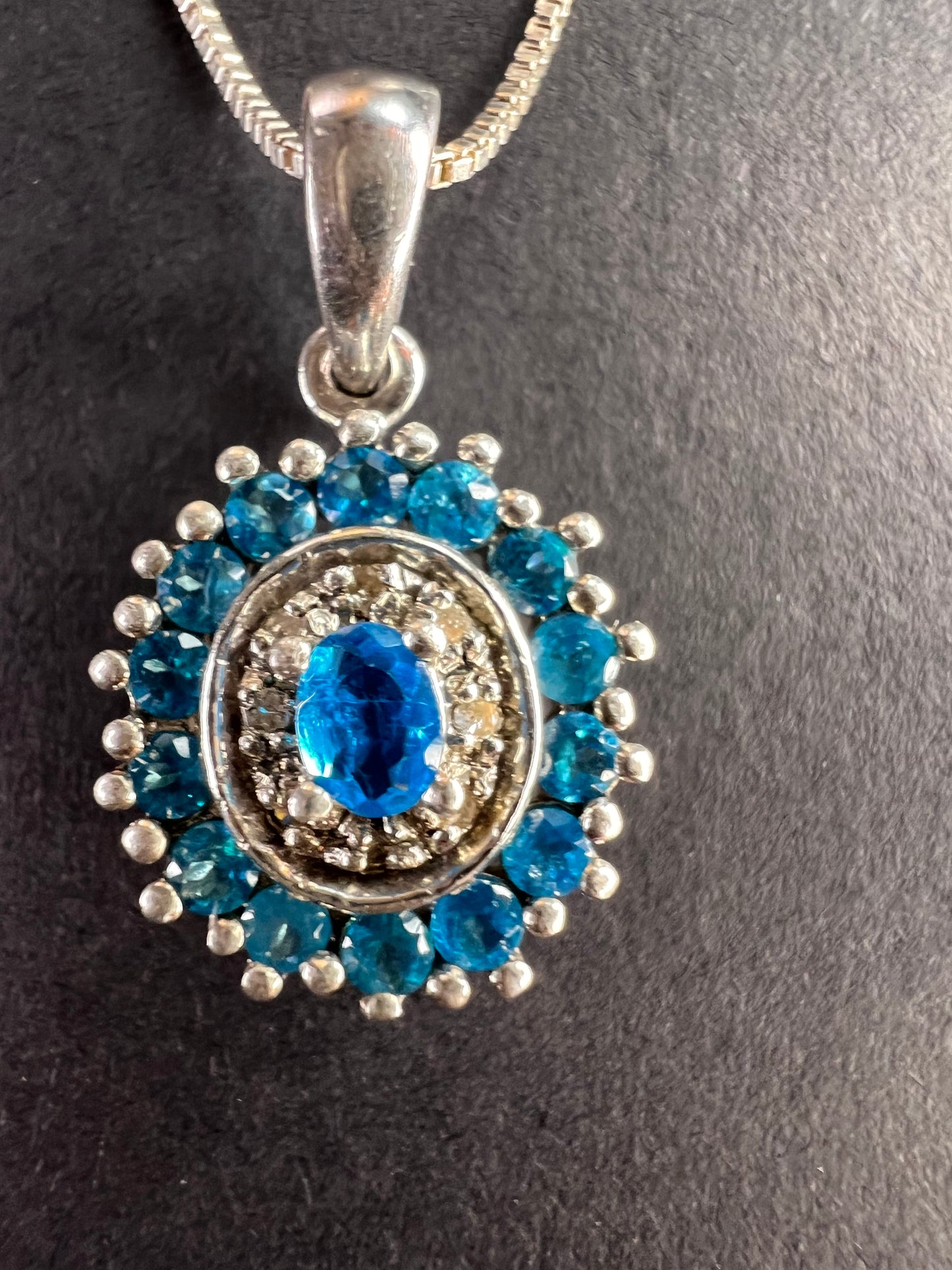 Vintage 925 Sterling Silver Blue Apatite & Diamond Halo Pendant Necklace