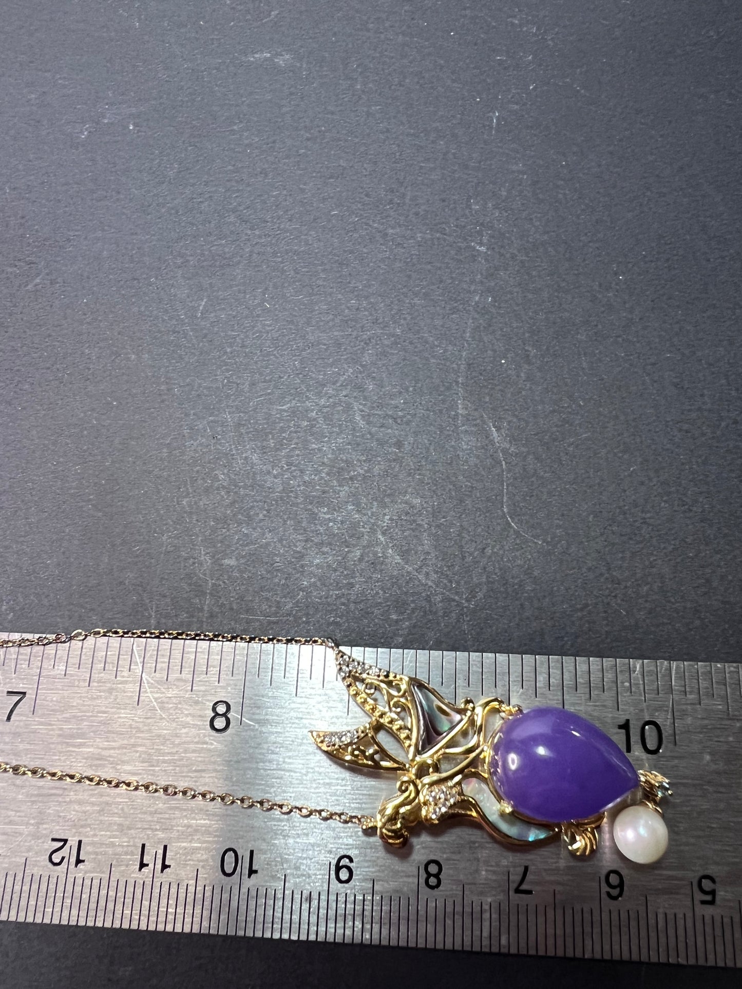 Fairy mermaid lavender jadeite , abalone and pearl pendant and chain necklace in gold over sterling silver.