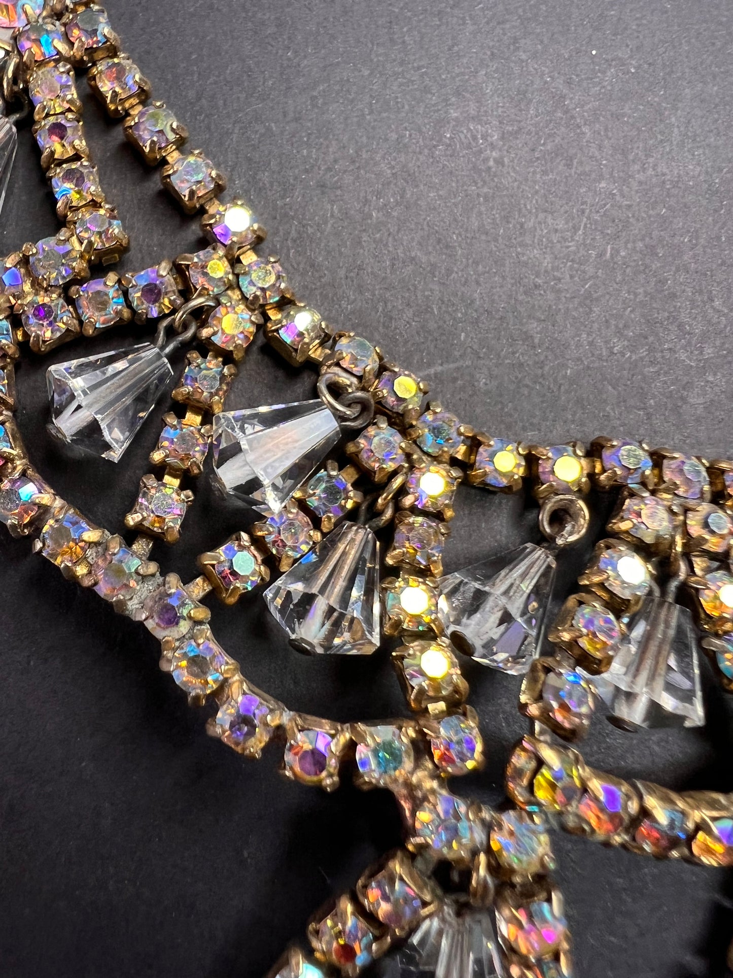 Vintage AB Rhinestone Bib Necklace Clear Glass Dangles Gold Tone